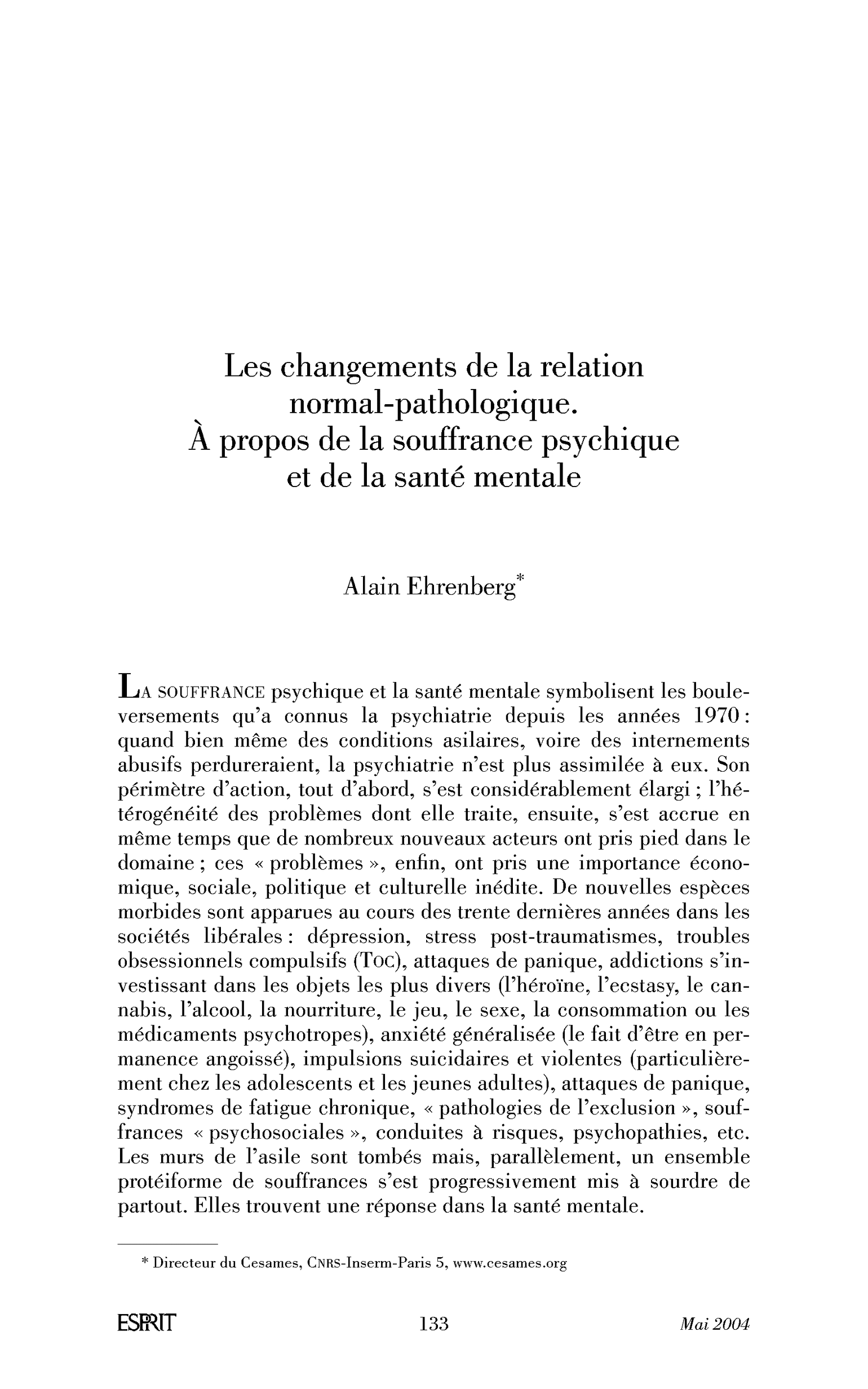 Les changements de la relation normal-pathologique. À propos de la souffrance psychique et de la santé mentale