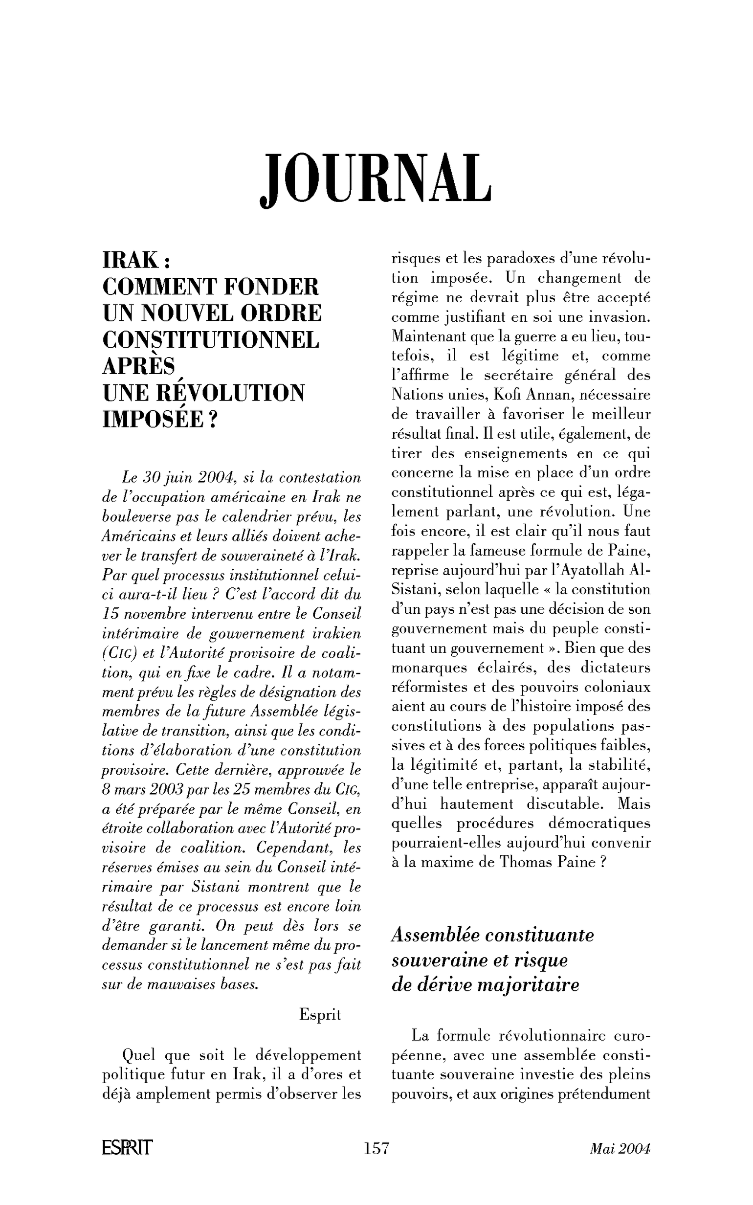 Irak: comment fonder un nouvel ordre constitutionnel après une révolution imposée?