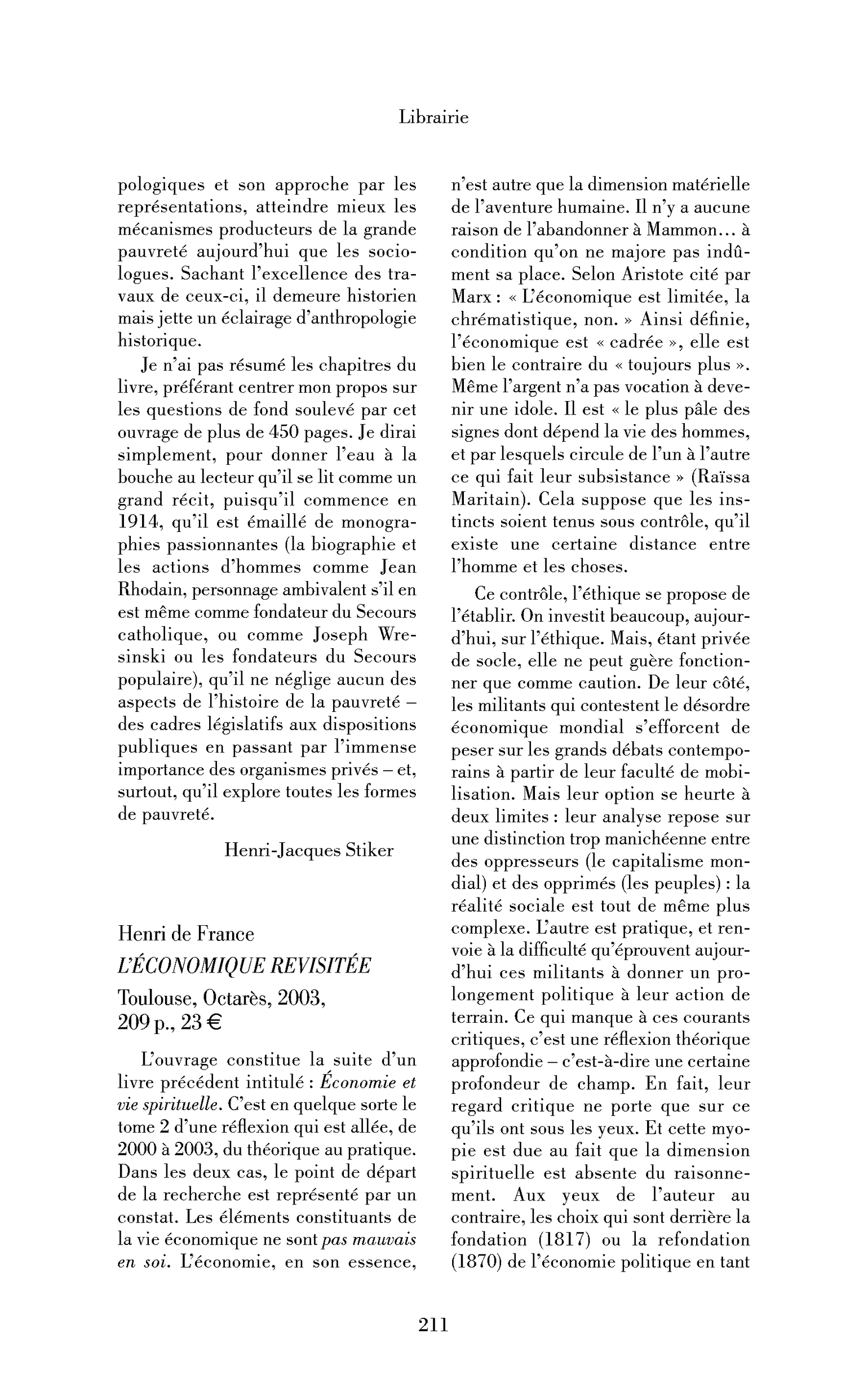 Henri de France: l’Économique revisitée