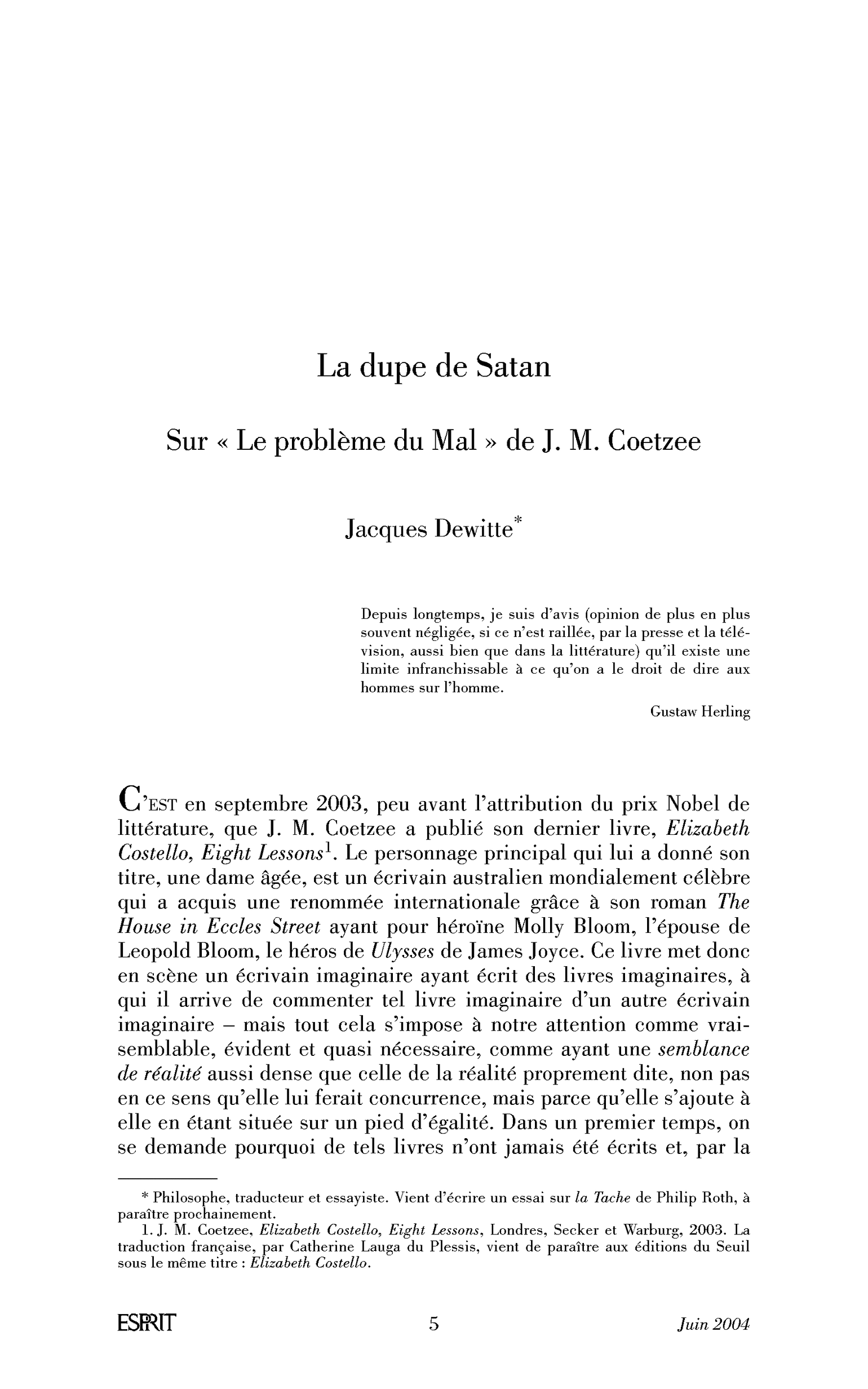 La dupe de Satan. Sur « Le problème du Mal » de J. M. Coetzee