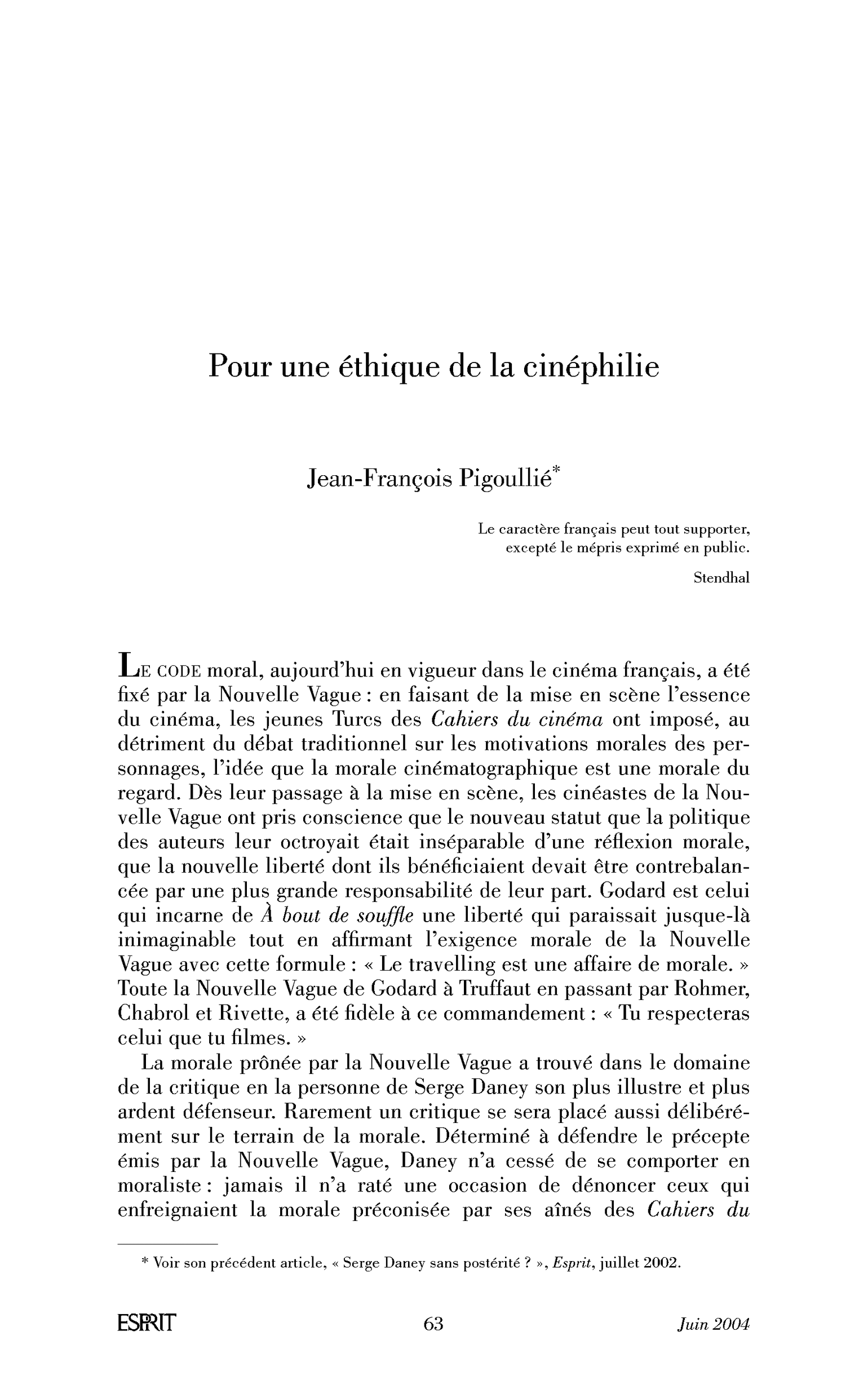 Pour une éthique de la cinéphilie