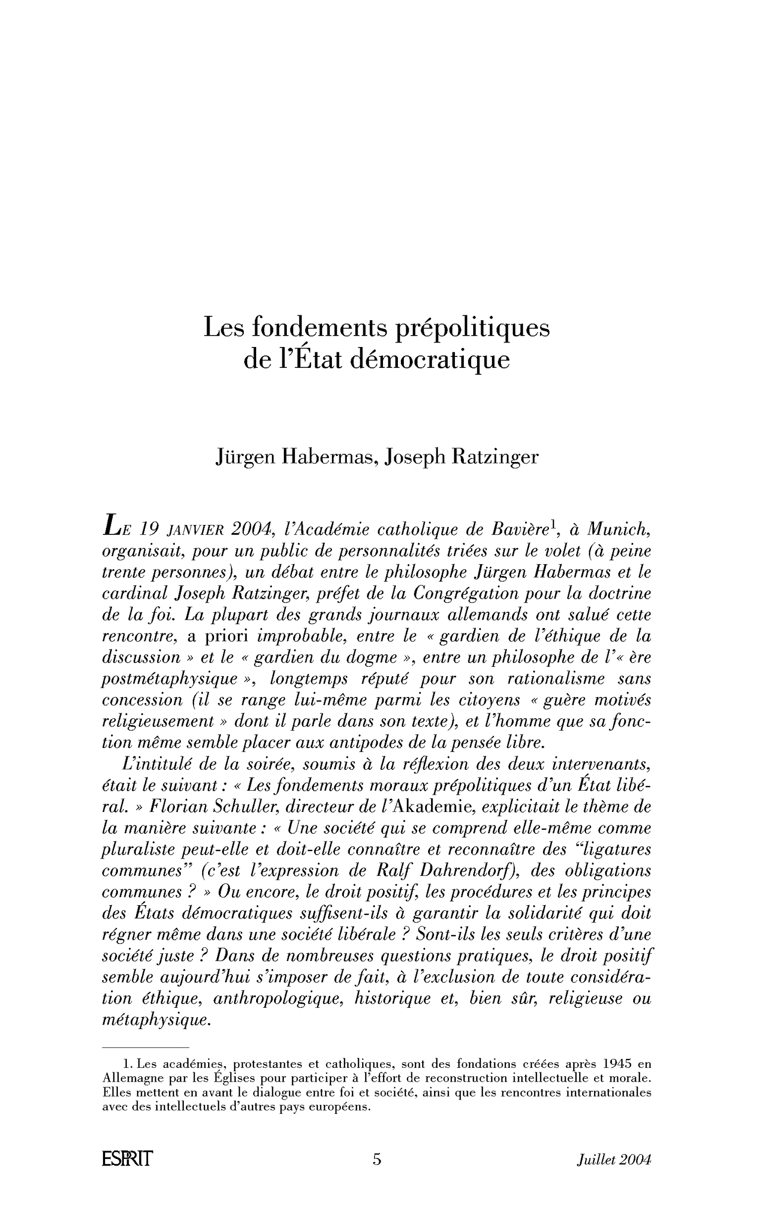 Les fondements prépolitiques de l’État démocratique
