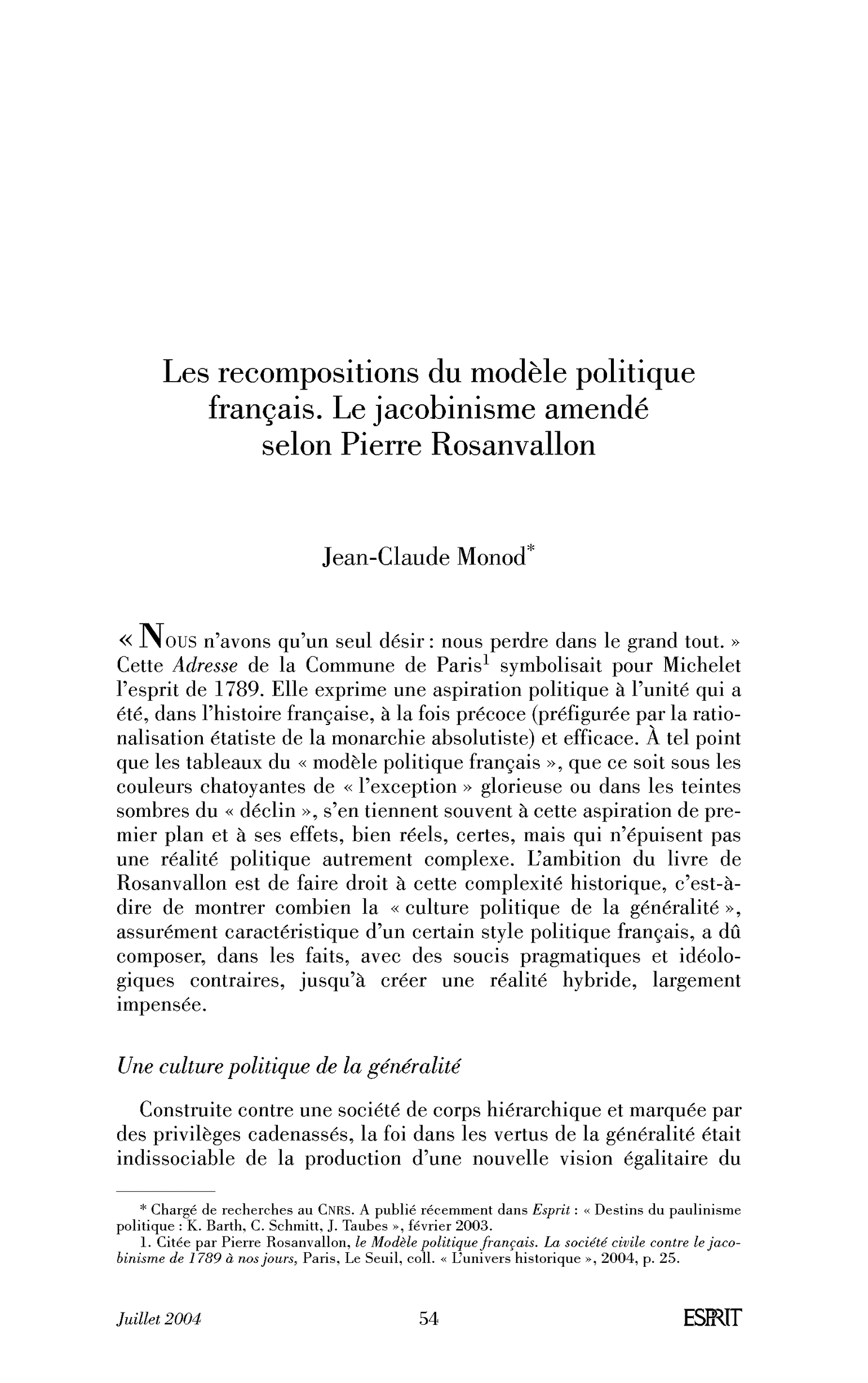 Les recompositions du modèle politique français. Le jacobinisme amendé selon Pierre Rosanvallon