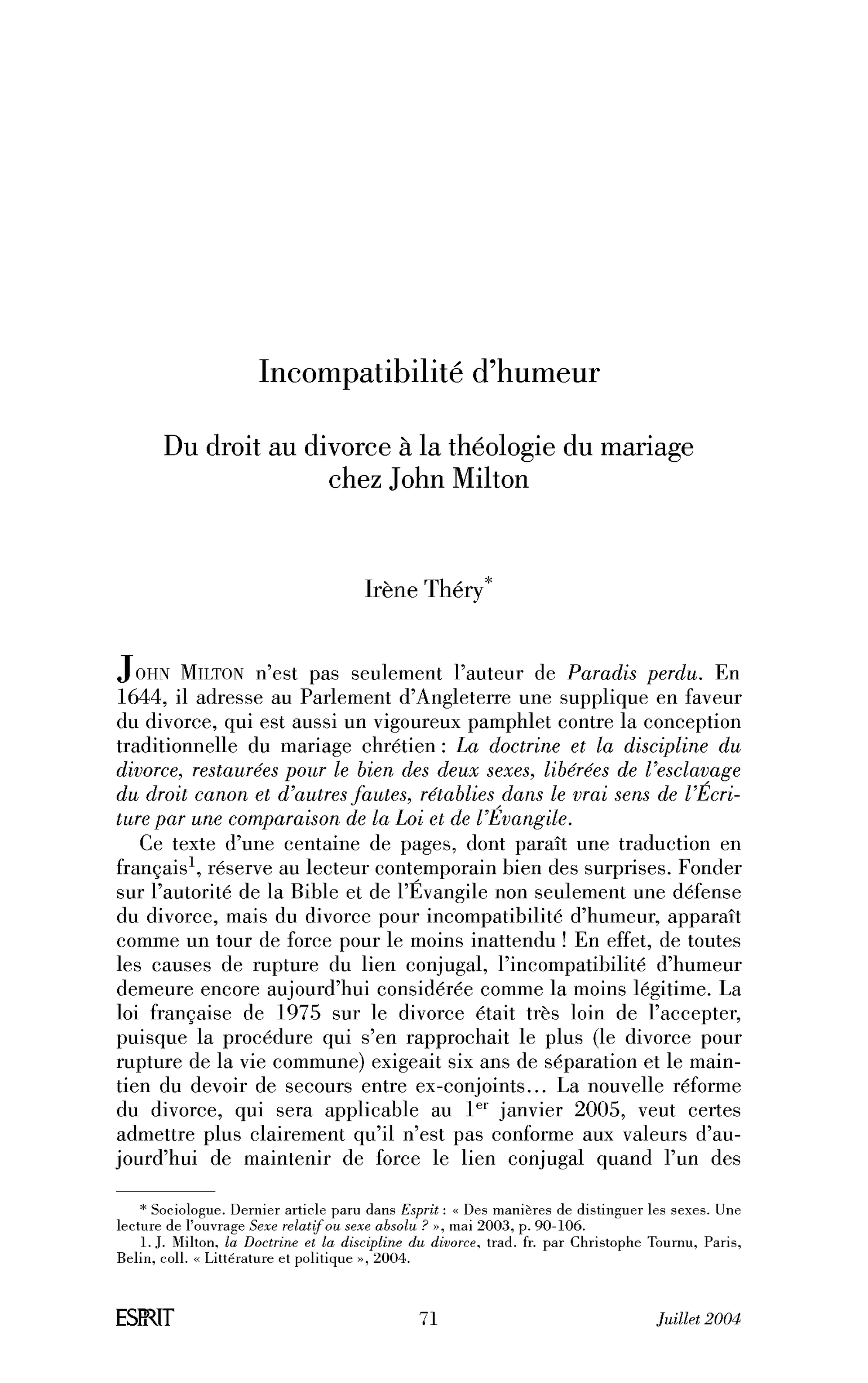 Incompatibilité d’humeur. Du droit au divorce à la théologie du mariage chez John Milton