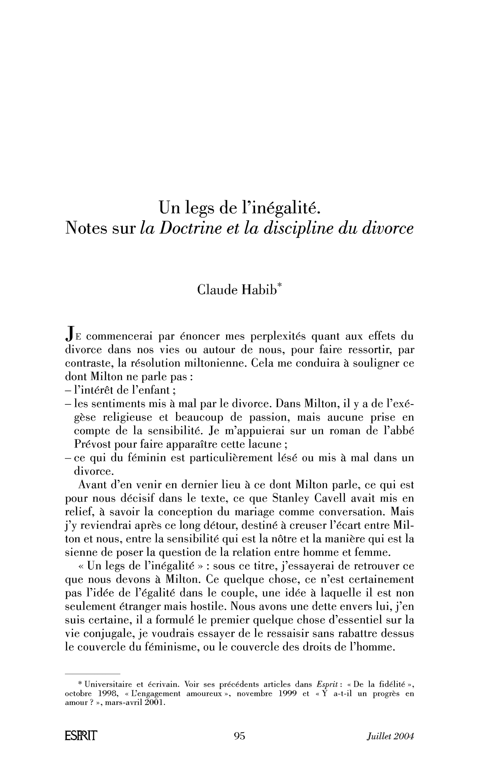 Un legs de l’inégalité. Notes sur la Doctrine et la discipline du divorce