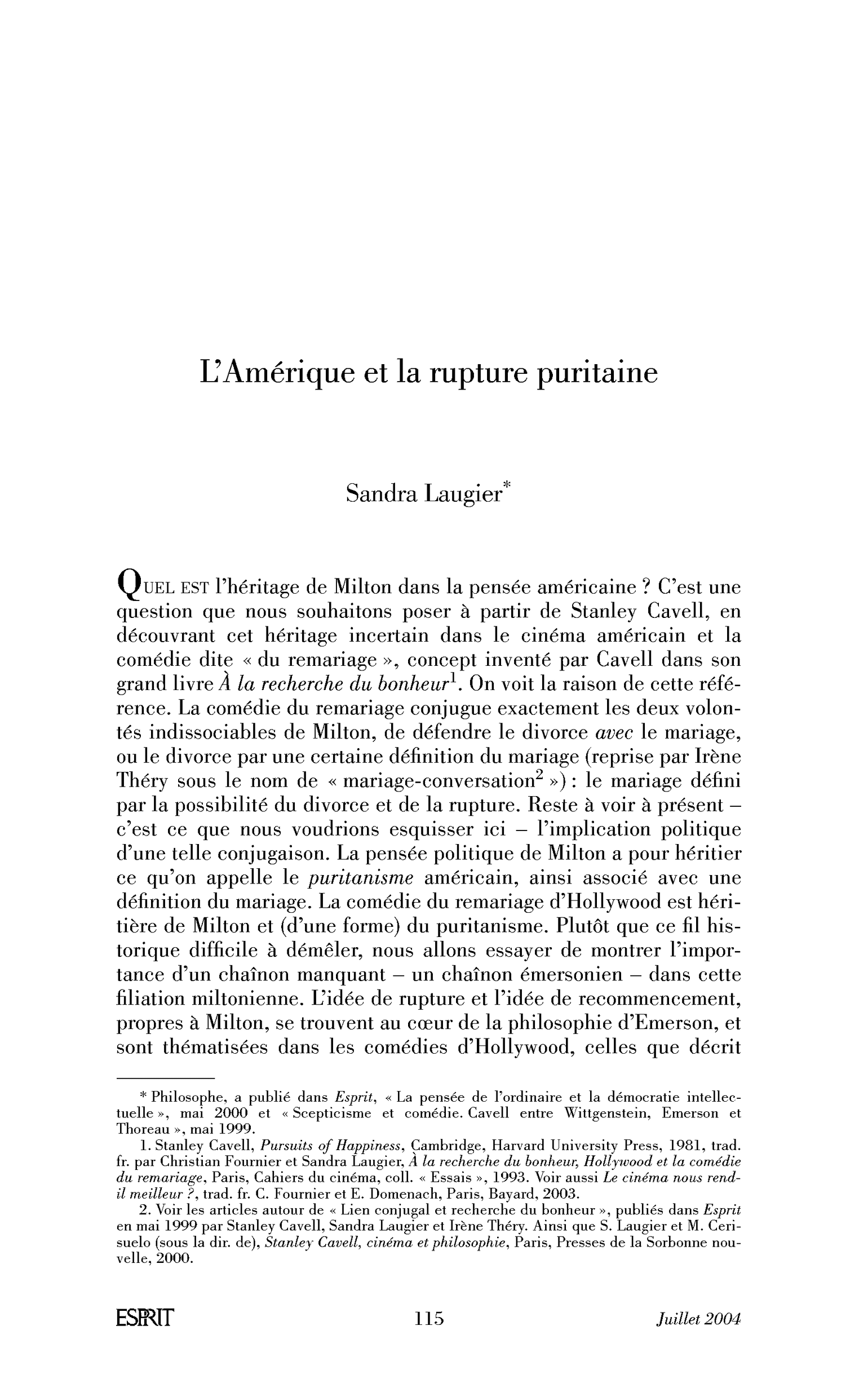 L’Amérique et la rupture puritaine