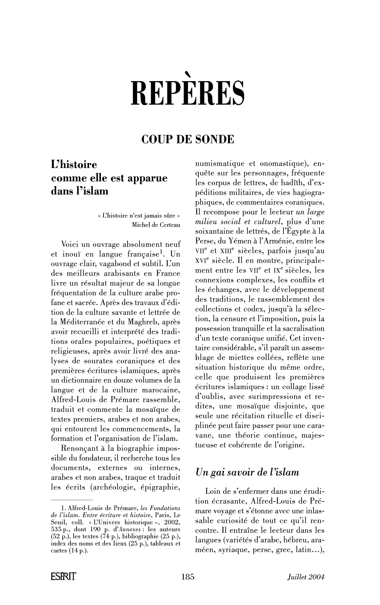 L’histoire comme elle est apparue dans l’islam. Sur les Fondations de l’islam, d’Alfred de Prémare