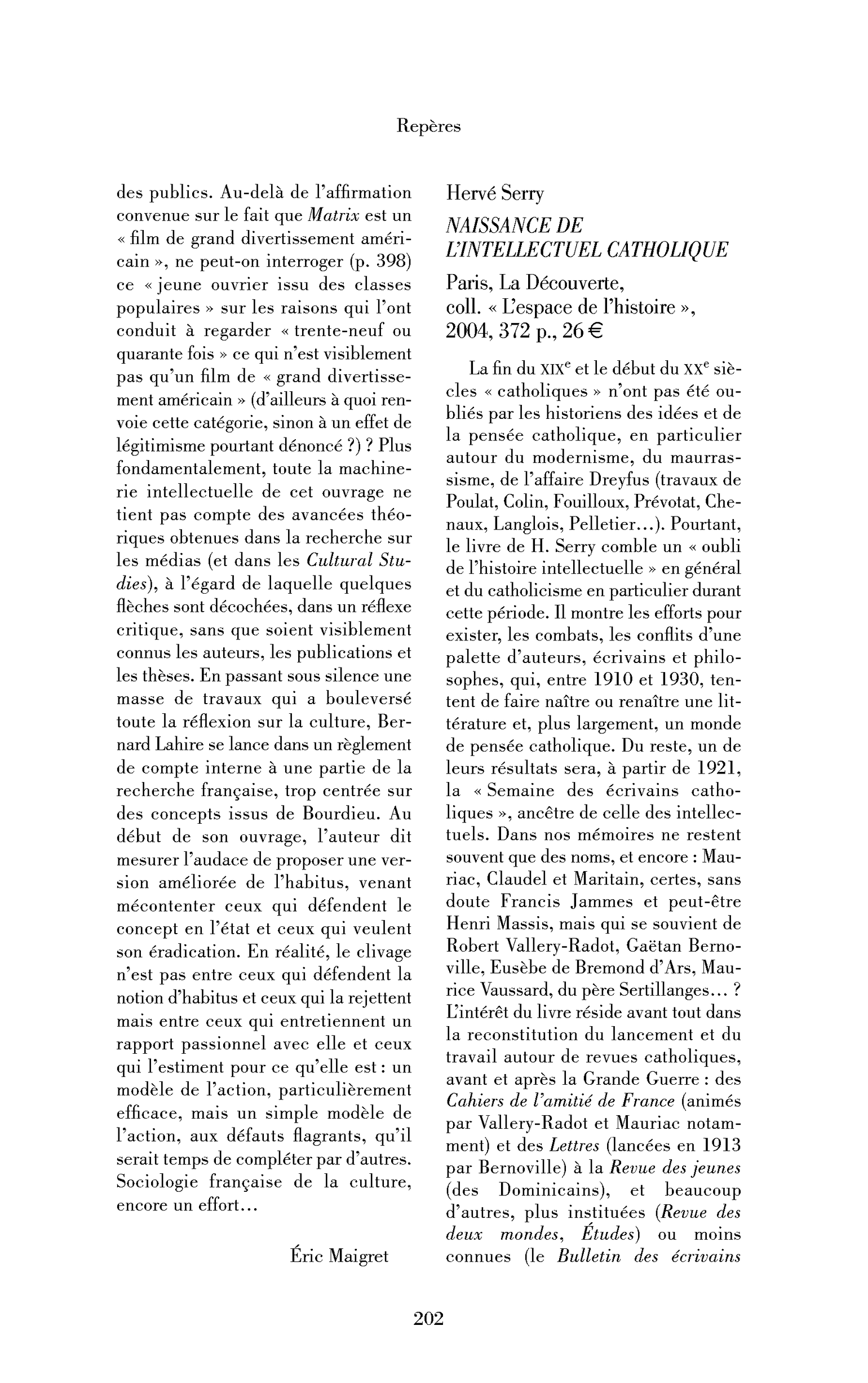 Hervé Serry: Naissance de l’intellectuel catholique