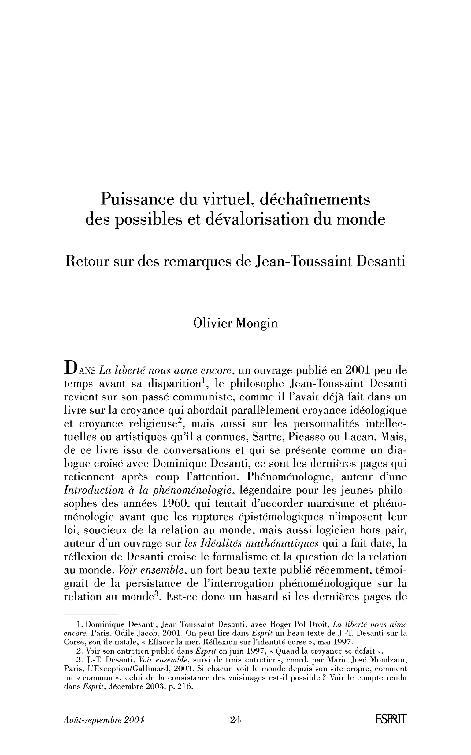 Puissance du virtuel, déchaînements des possibles et dévalorisation du monde. Retour sur des remarques de Jean-Toussaint Desanti