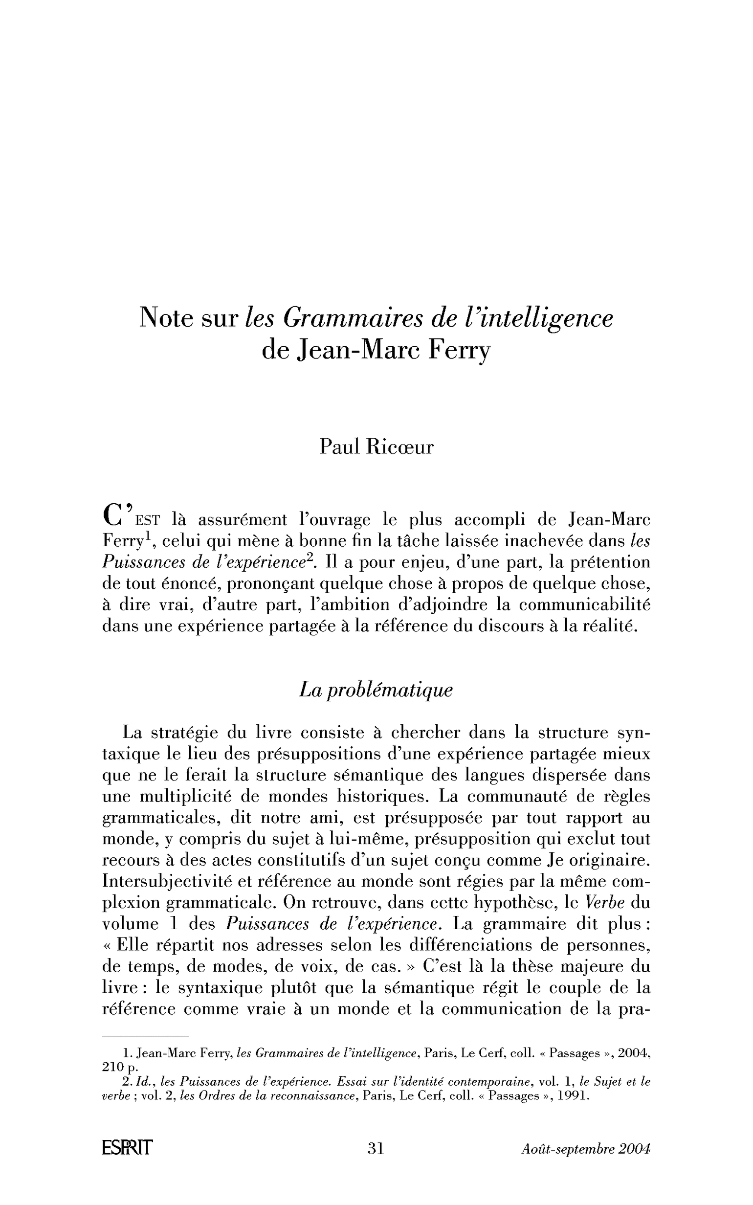 Note sur les Grammaires de l’intelligence de Jean-Marc Ferry