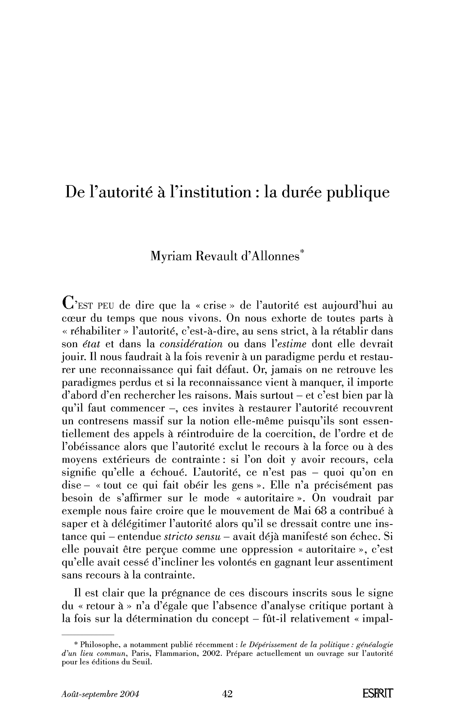 De l’autorité à l’institution: la durée publique