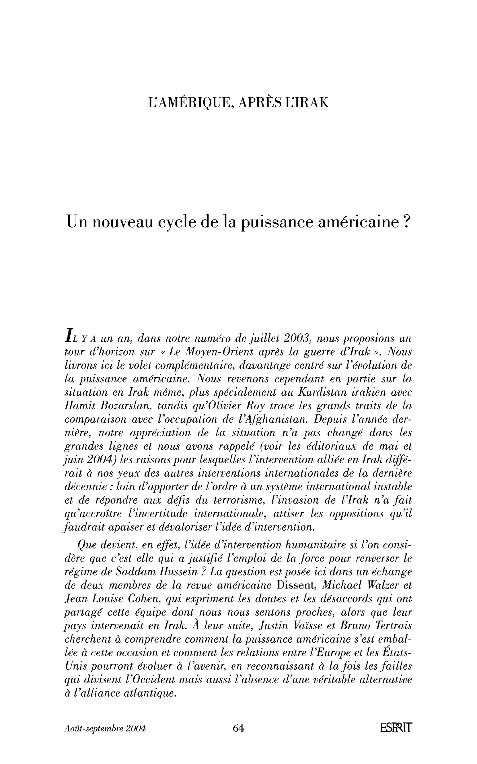 Introduction: Un nouveau cycle de la puissance américaine?