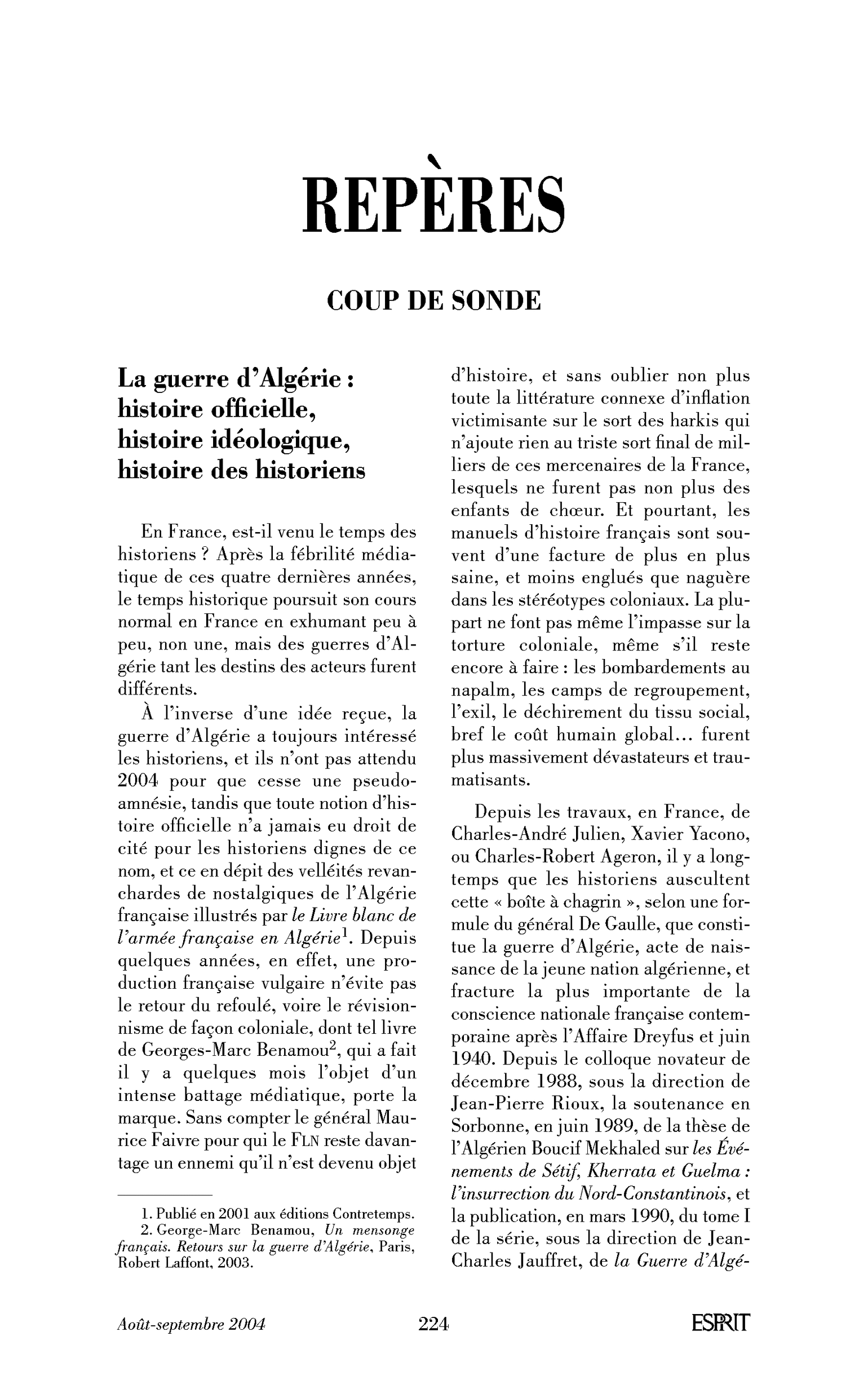 La guerre d’Algérie: histoire officielle, histoire idéologique, histoire des historiens