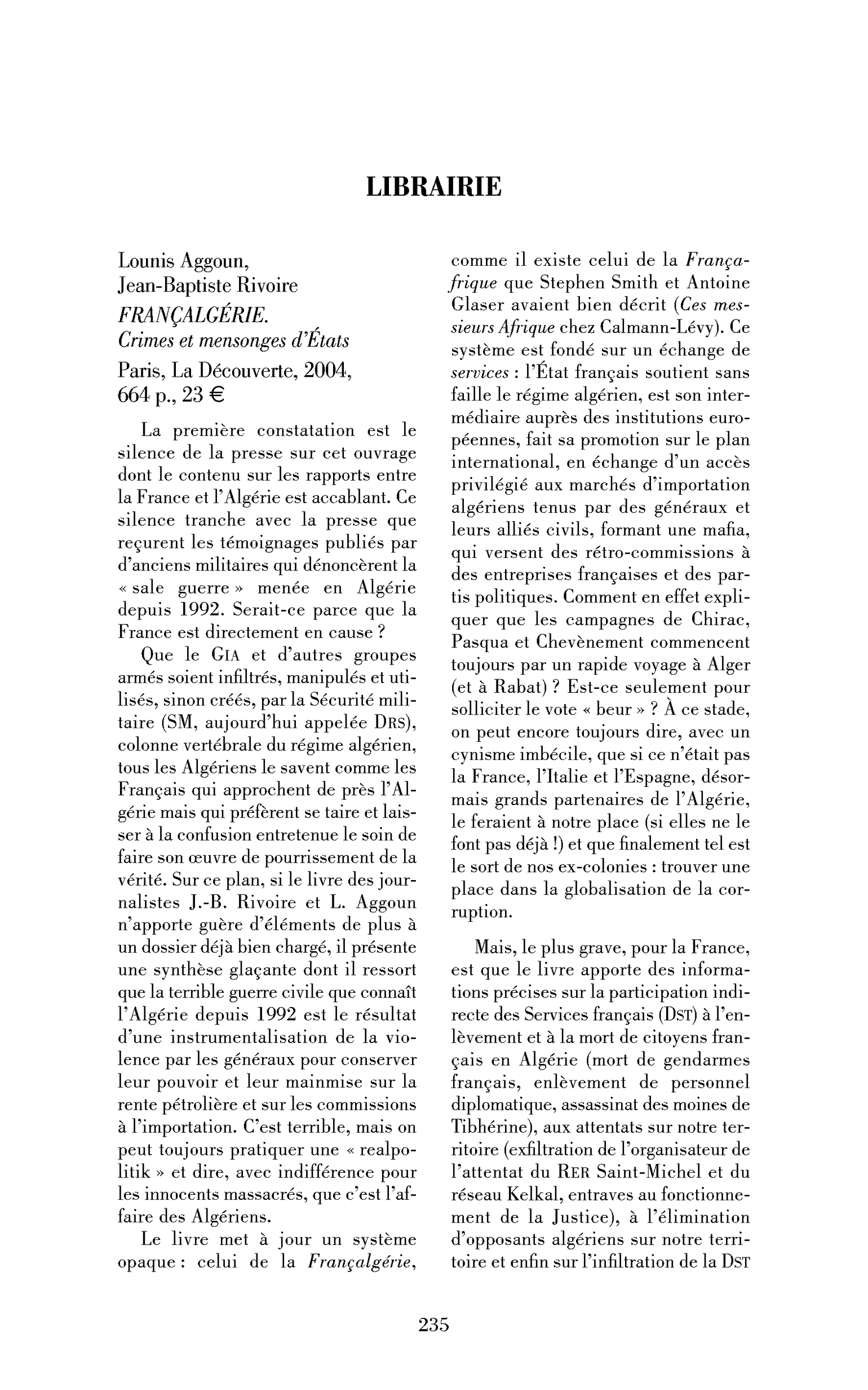 Lounis Aggoun, Jean-Baptiste Rivoire: Françalgérie. Crimes et mensonges d’États