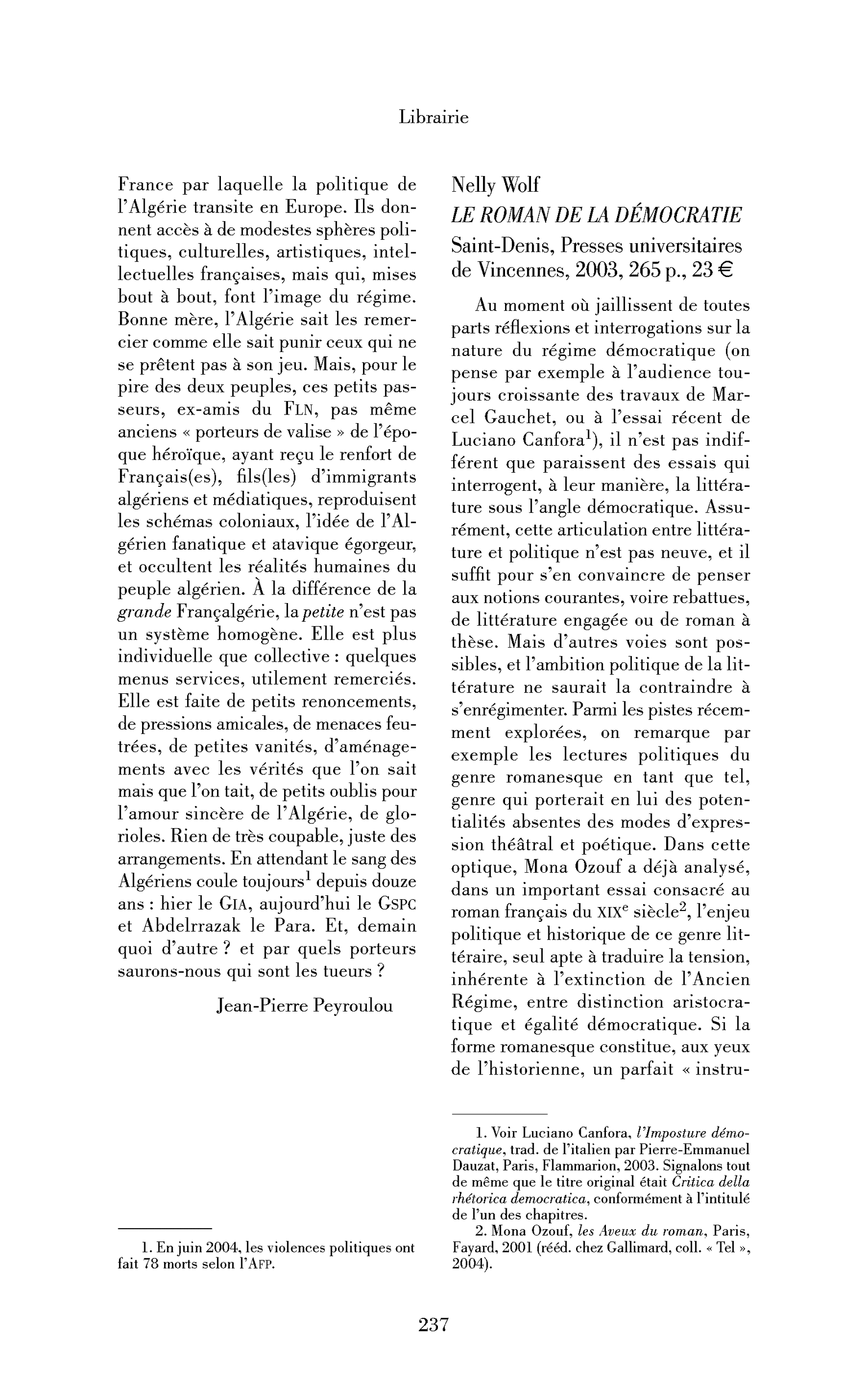 Nelly Wolf: le Roman de la démocratie