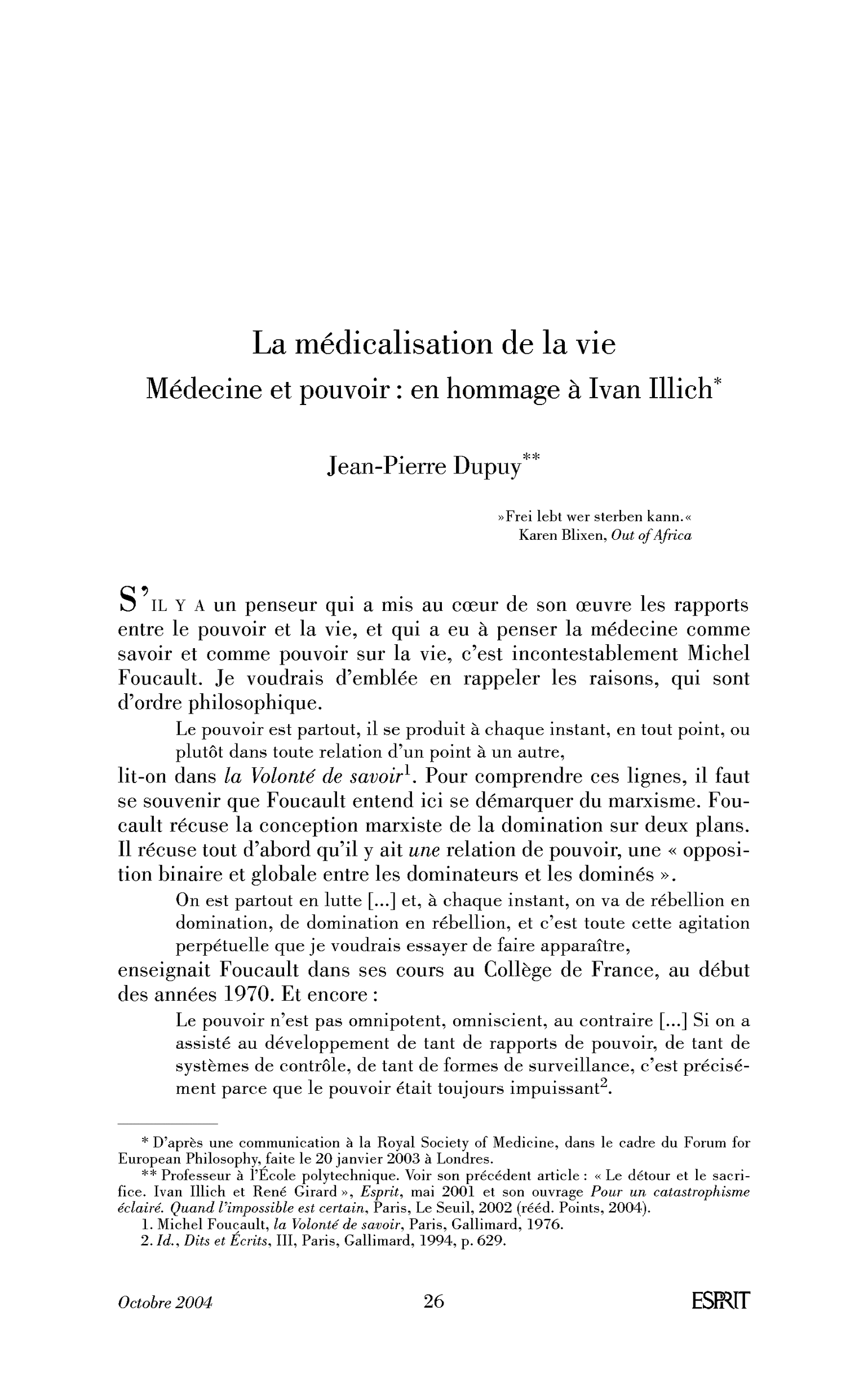 La médicalisation de la vie. Médecine et pouvoir : en hommage à Ivan Illich