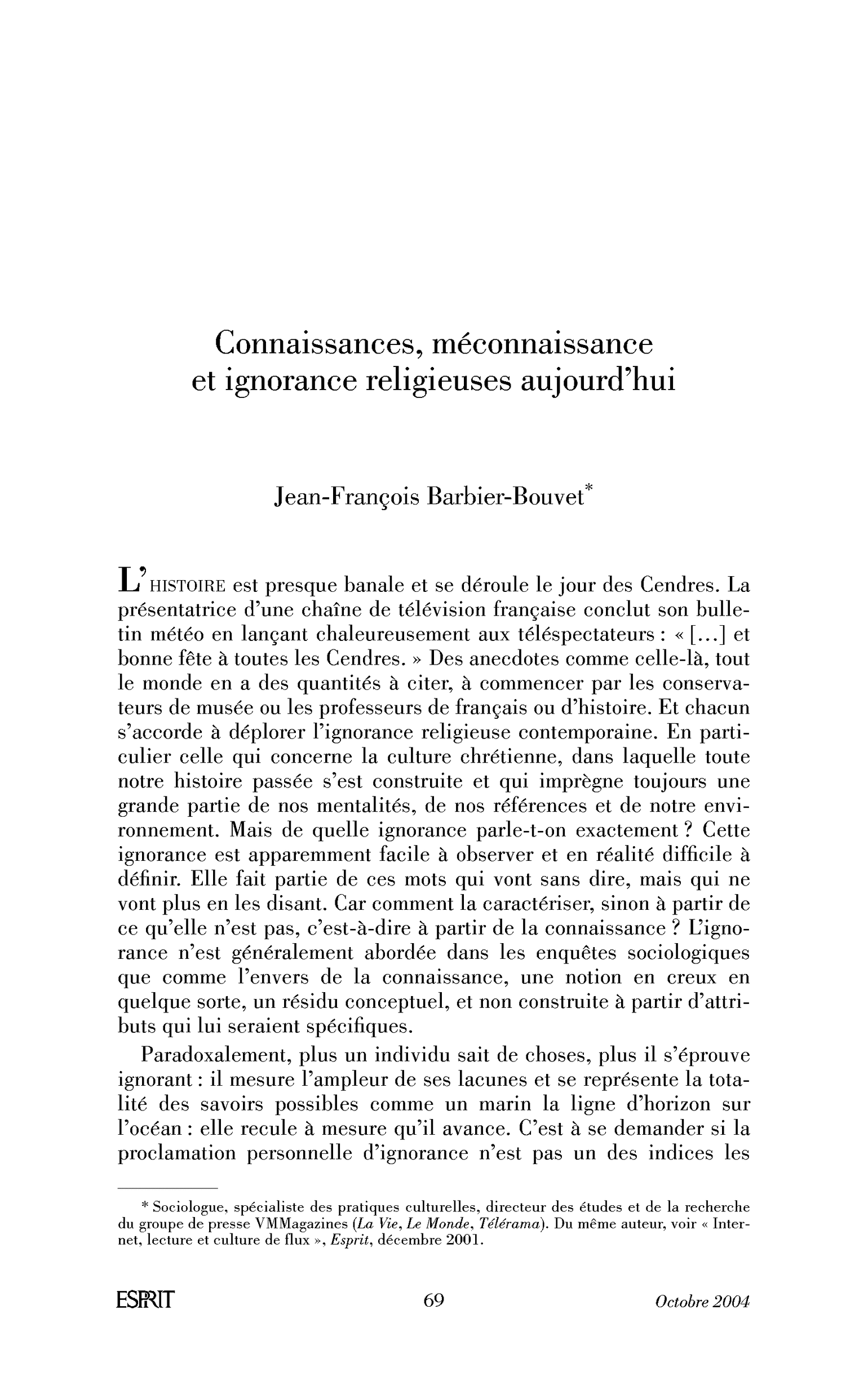 Connaissances, méconnaissance et ignorance religieuses aujourd’hui