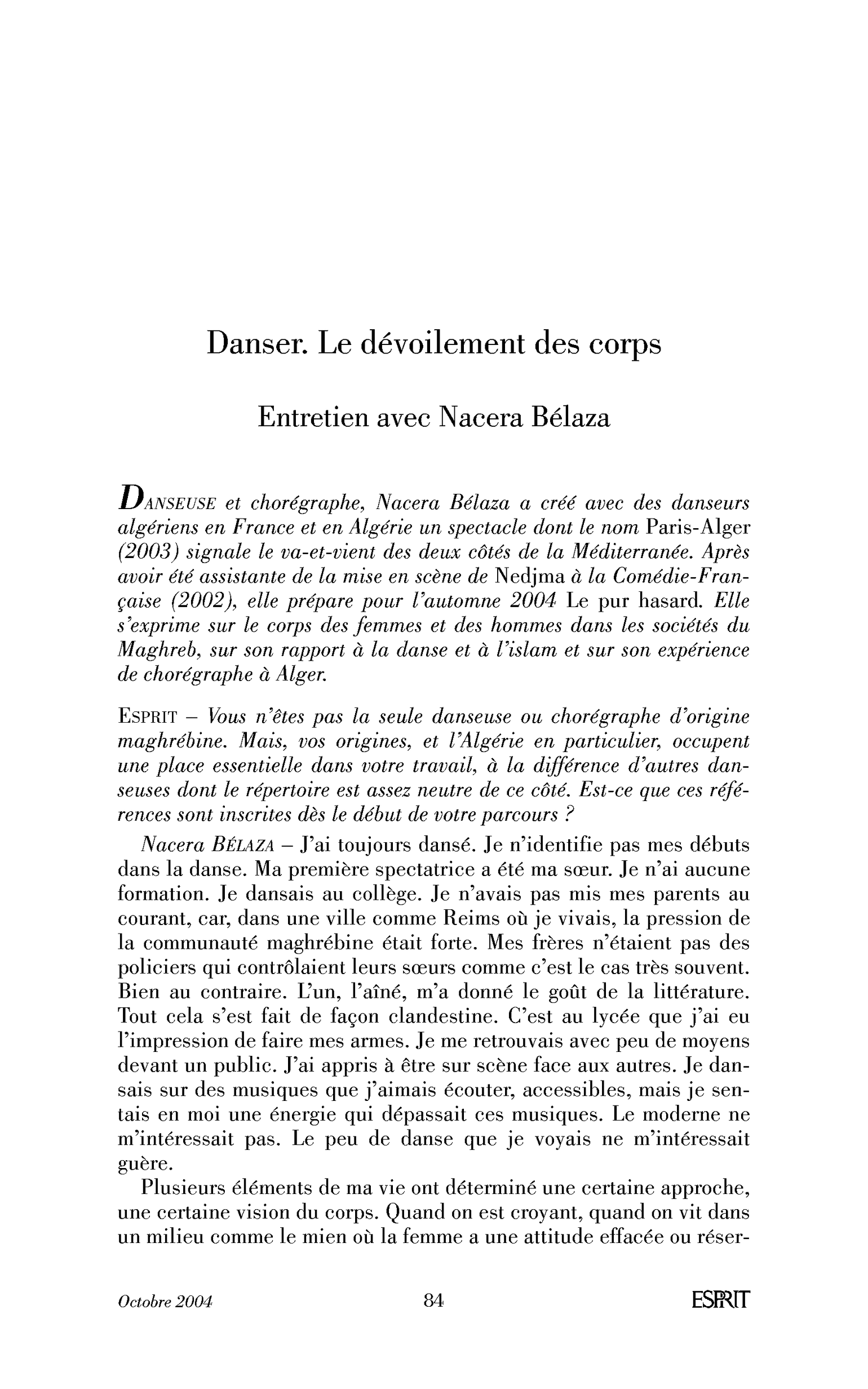 Danser. Le dévoilement des corps. (Entretien)