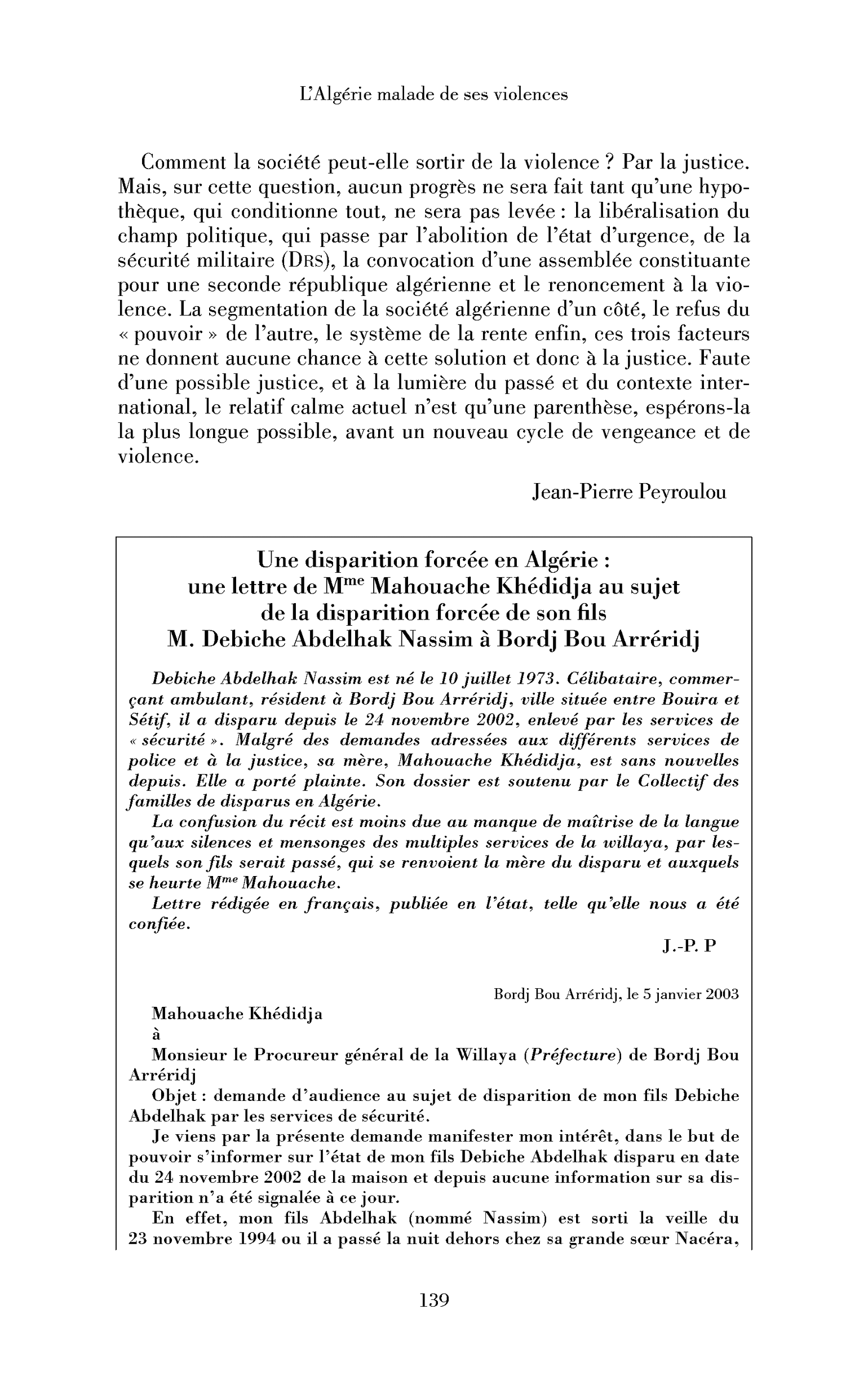 Une disparition forcée en Algérie. (Encadré)