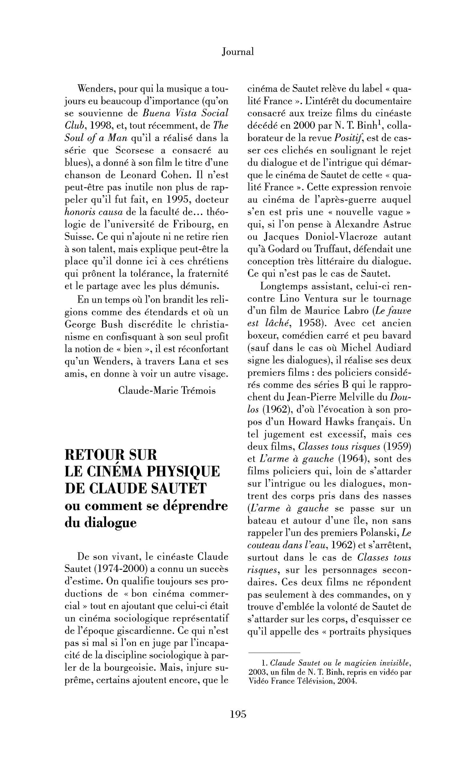 Retour sur le cinéma physique de Claude Sautet ou comment se déprendre du dialogue