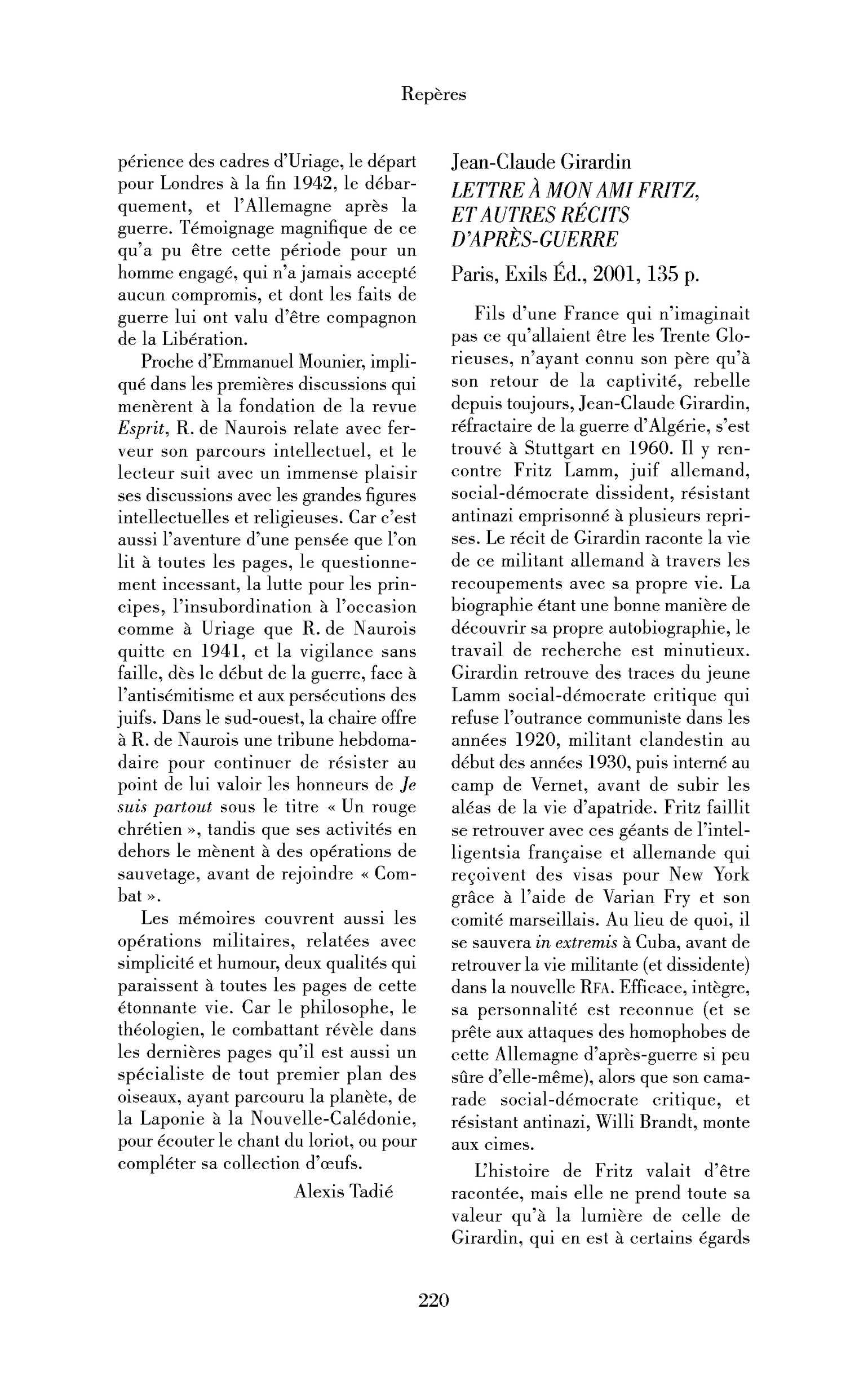 Jean-Claude Girardin : Lettres à mon ami Fritz, et aussi autres récits d’après-guerre