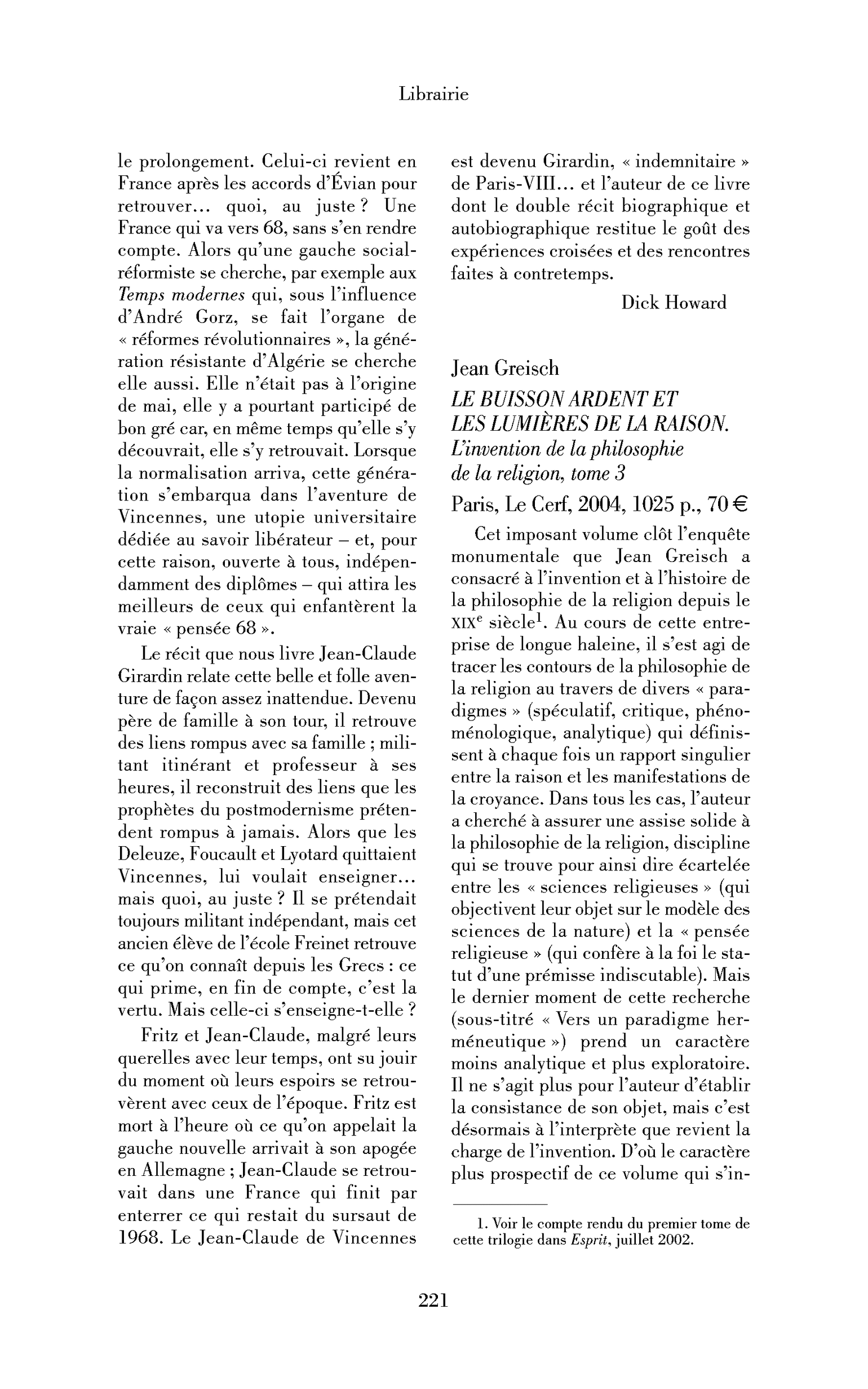 Jean Greisch : le Buisson ardent et les lumières de la raison.