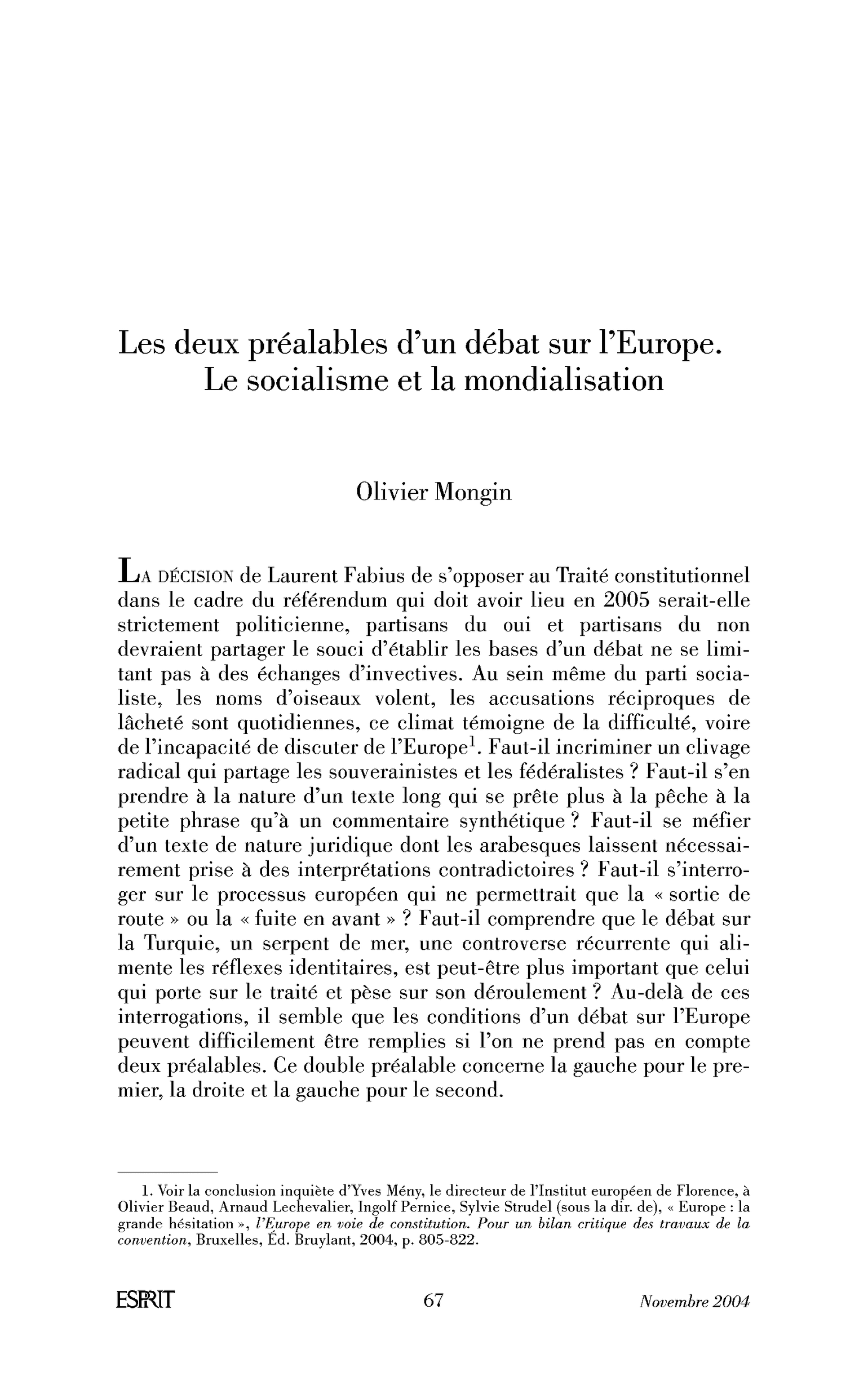 Les deux préalables d’un débat sur l’Europe. Le socialisme et la mondialisation