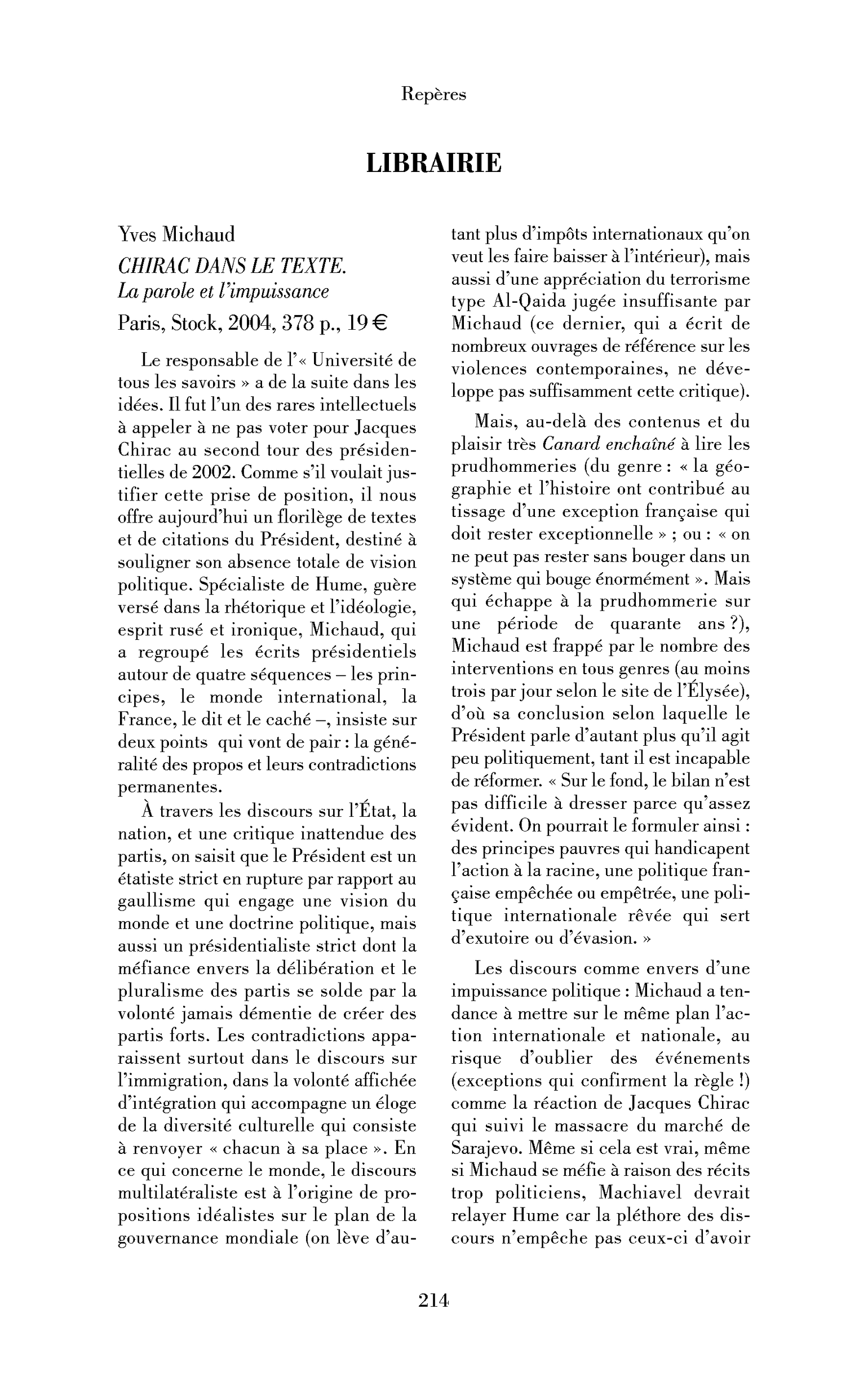 Yves Michaud: Chirac dans le texte.