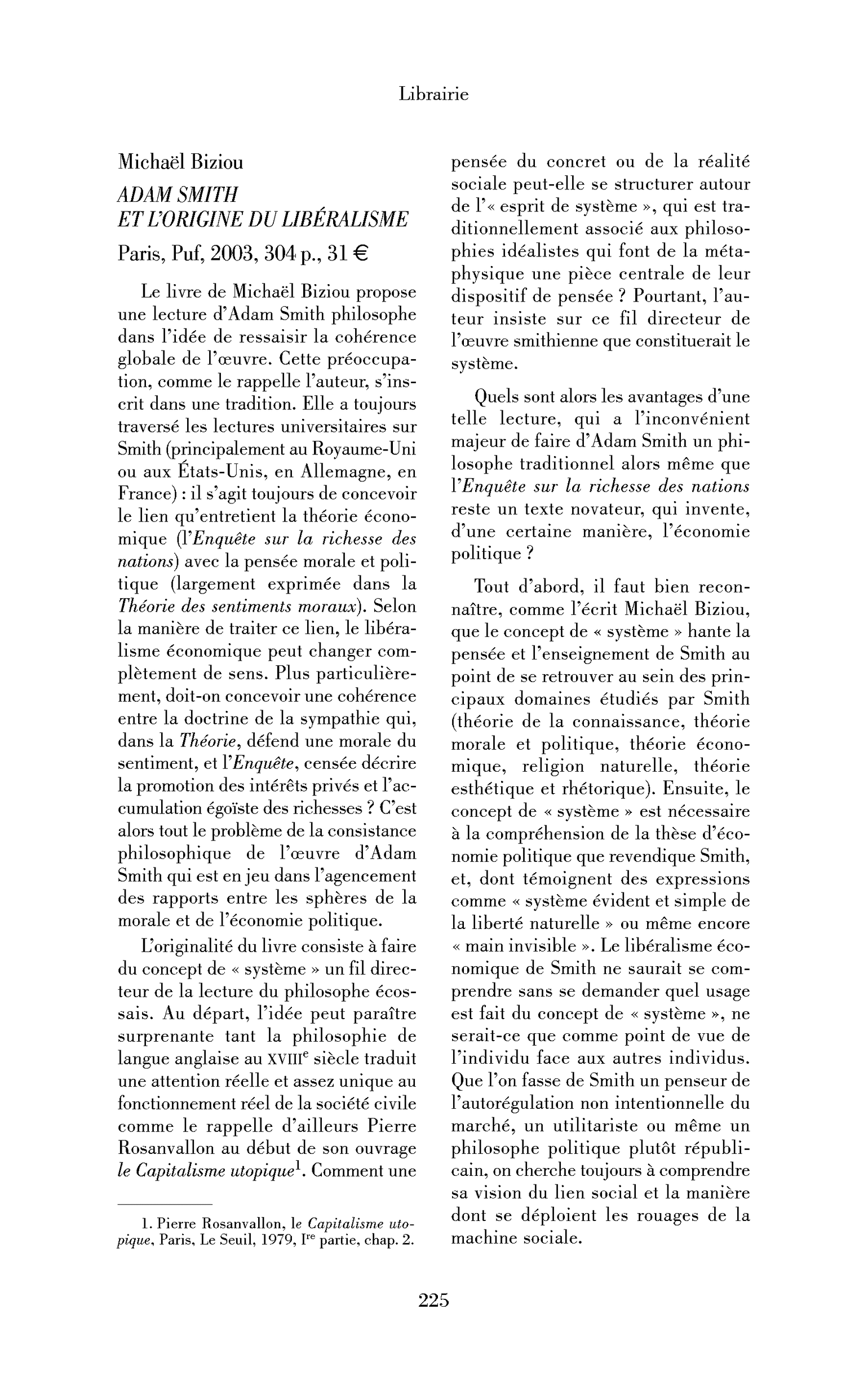 Michaël Biziou: Adam Smith et l’origine du libéralisme