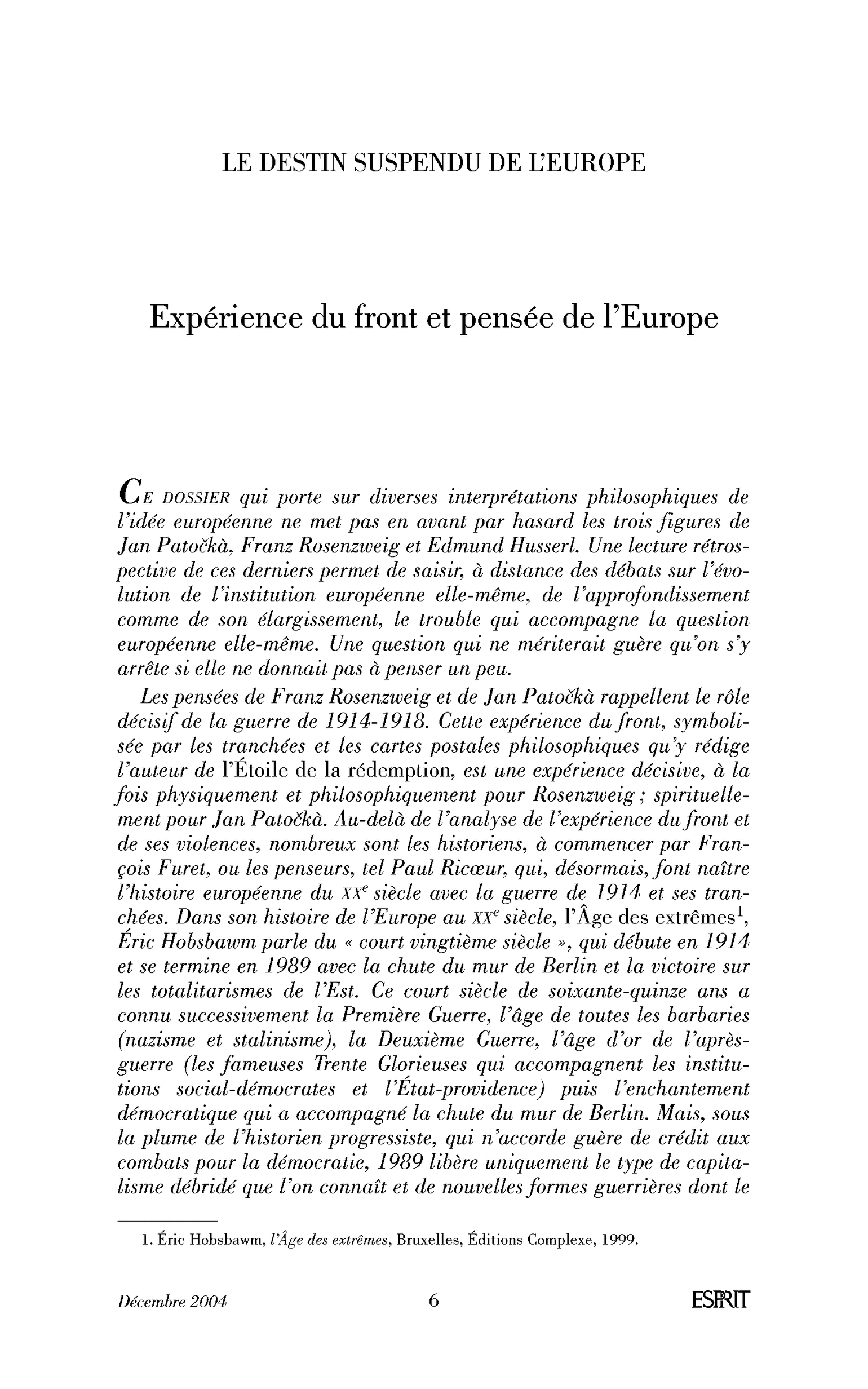 Expérience du front et pensée de l’Europe (Introduction)