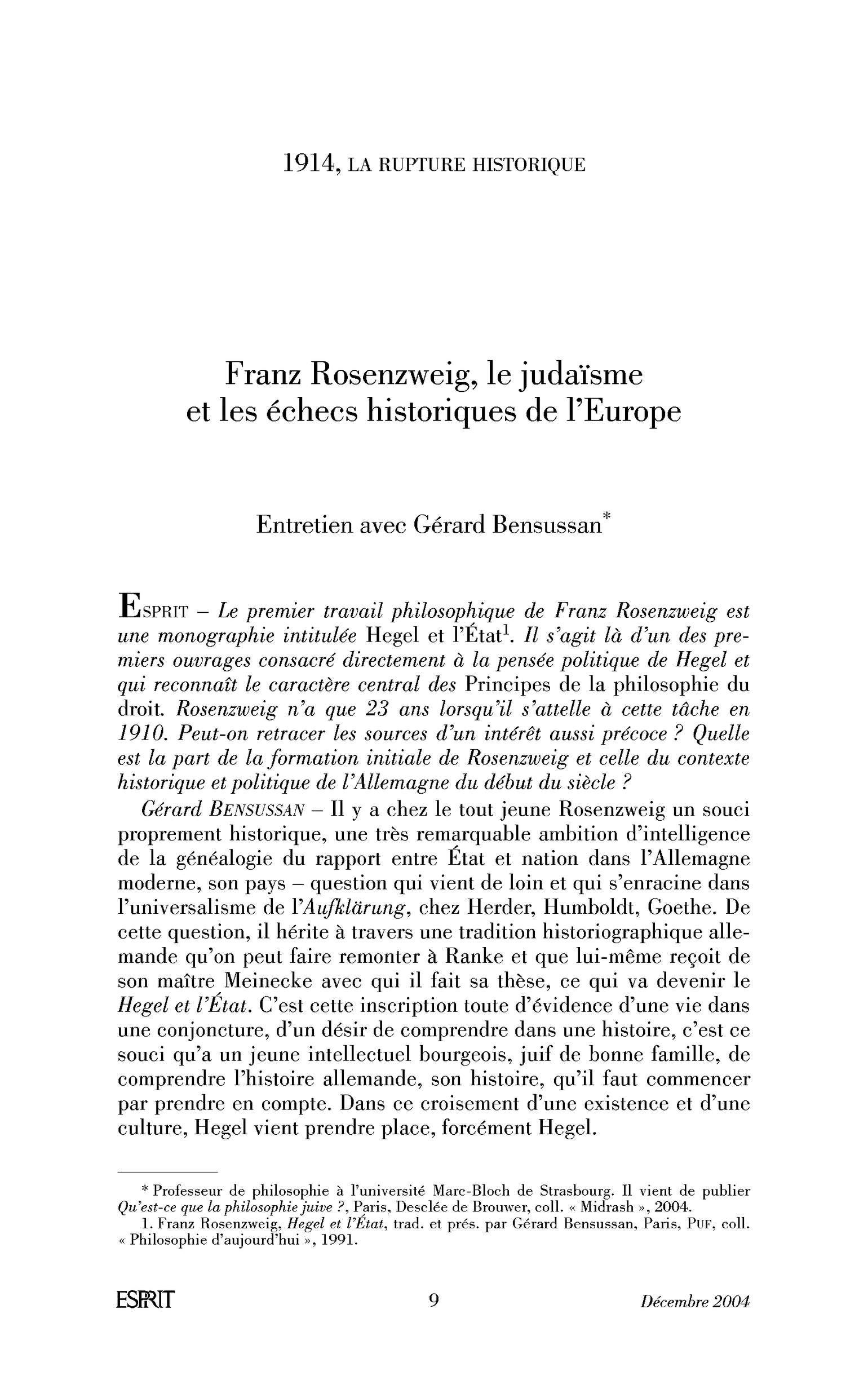 Franz Rosenzweig, le judaïsme et les échecs historiques de l’Europe. (Entretien)