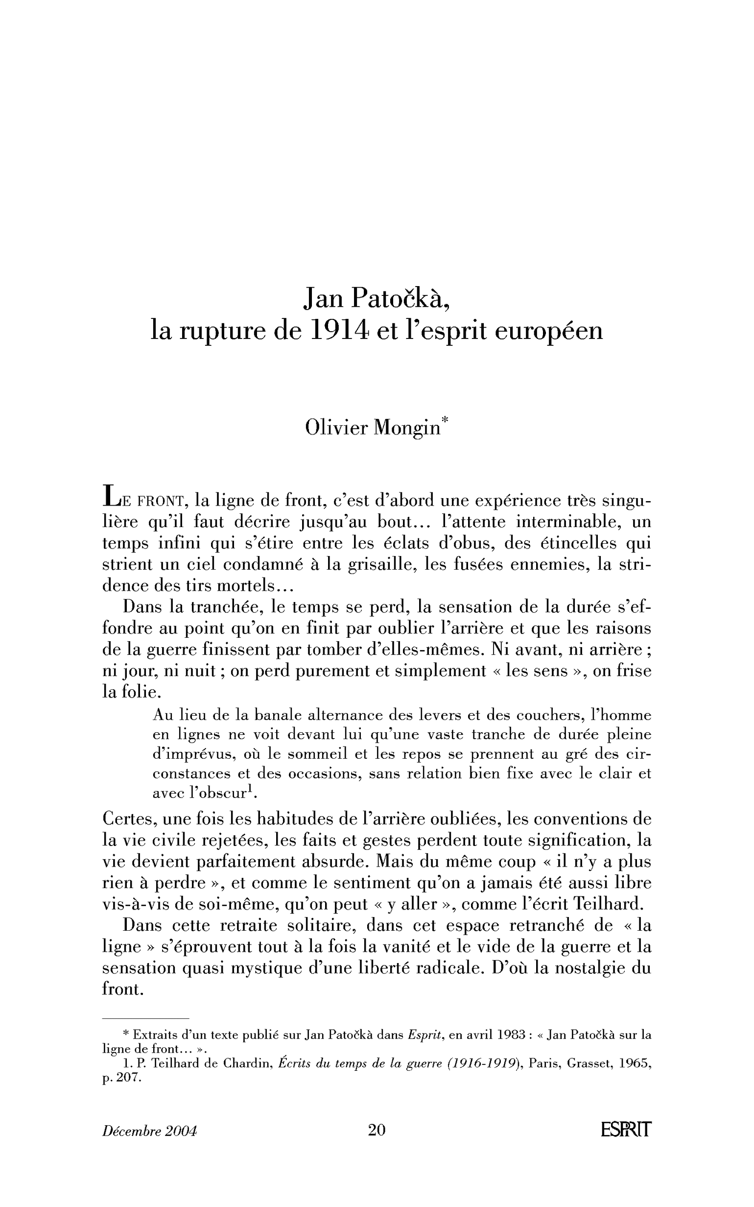 Jan Patockà, la rupture de 1914 et l’esprit européen