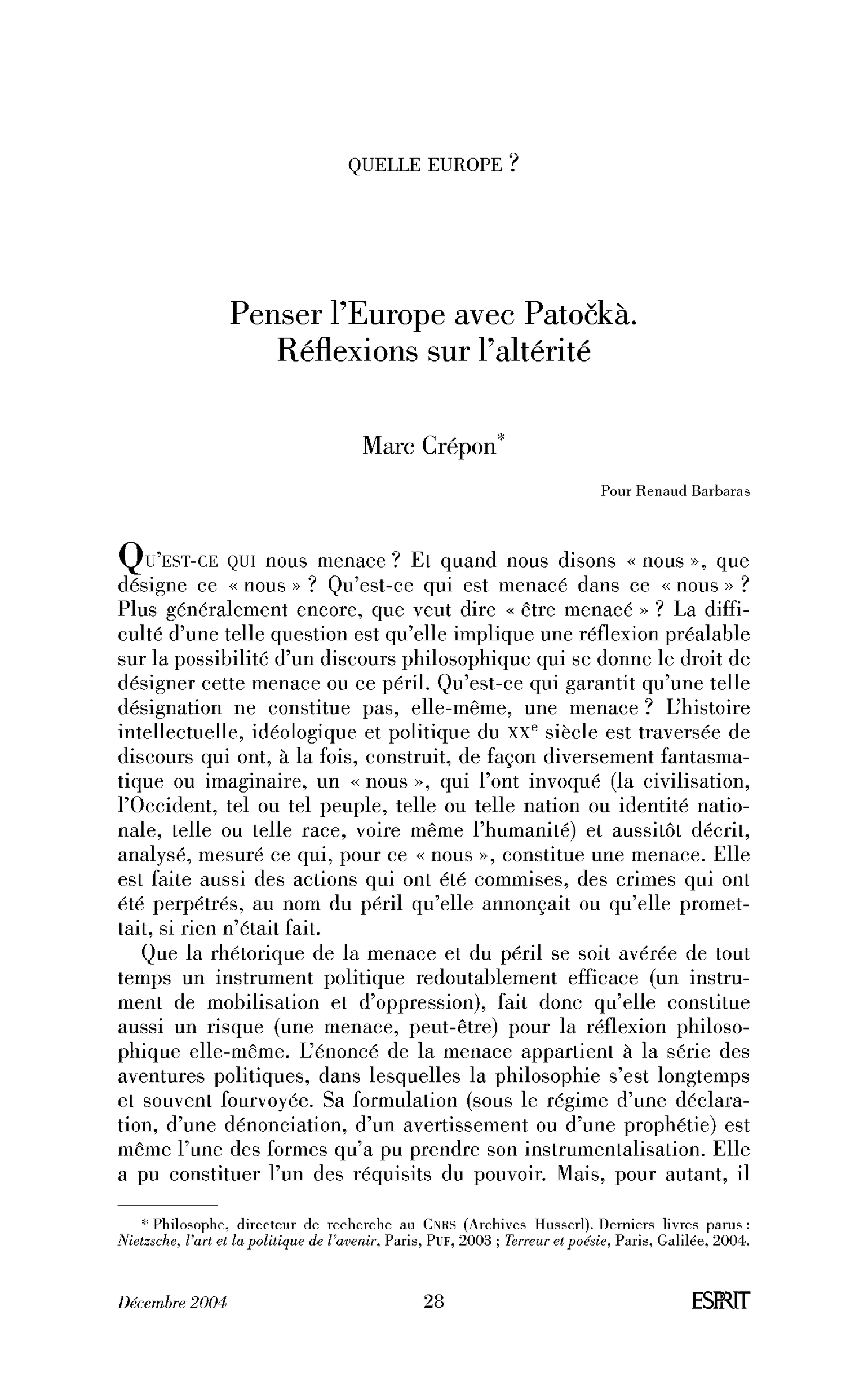 Penser l’Europe avec Patockà. Réflexions sur l’altérité