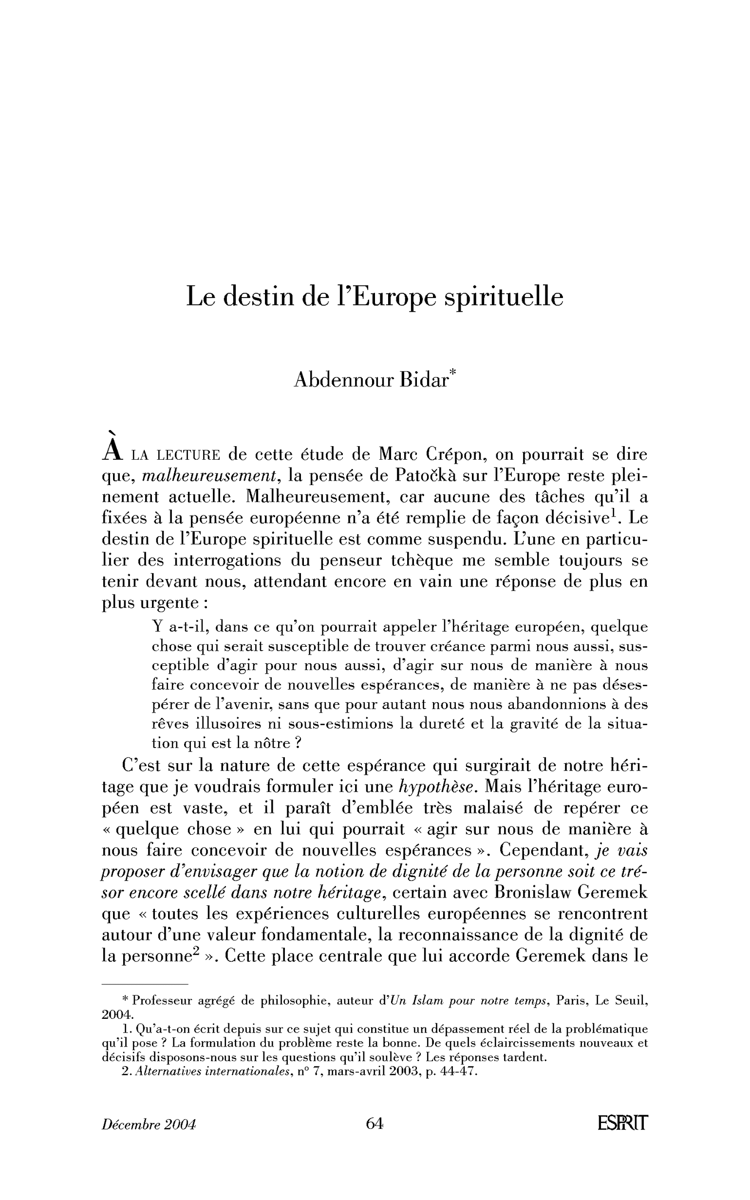 Le destin de l’Europe spirituelle