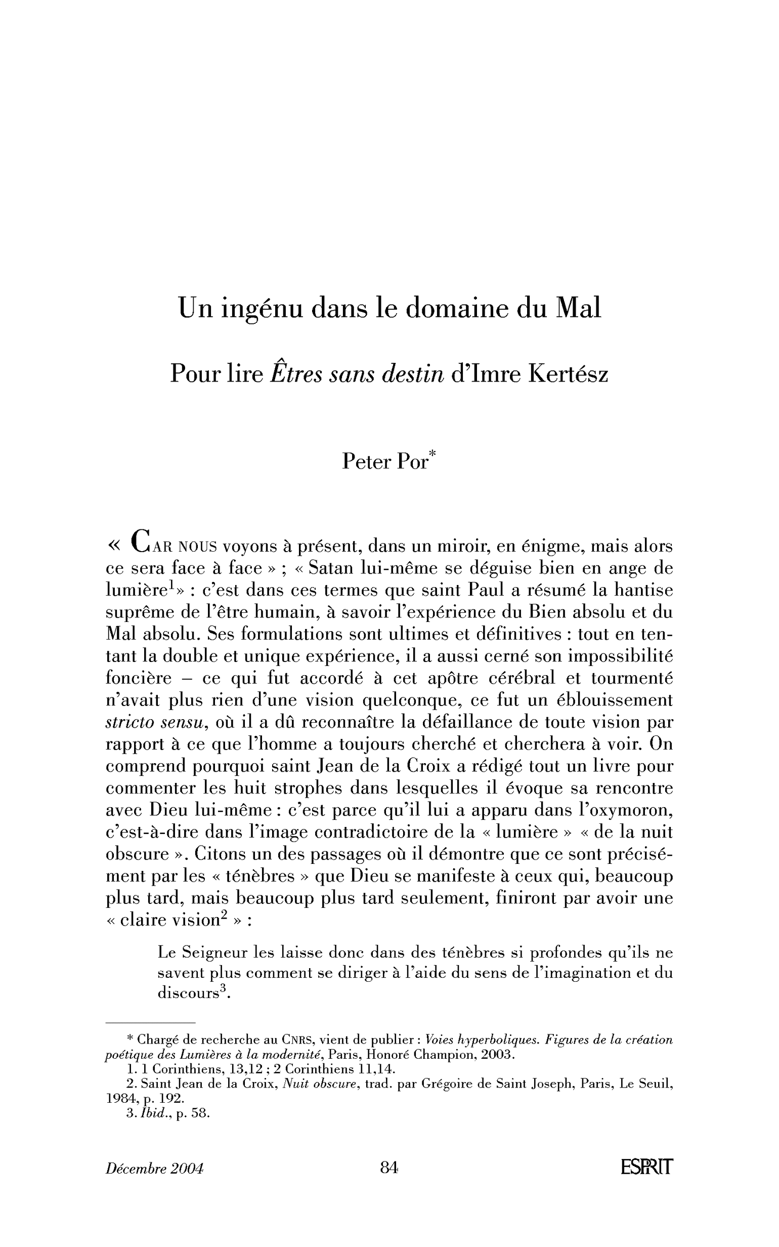 Un ingénu dans le domaine du Mal. Pour lire Êtres sans destin d’Imre Kertész