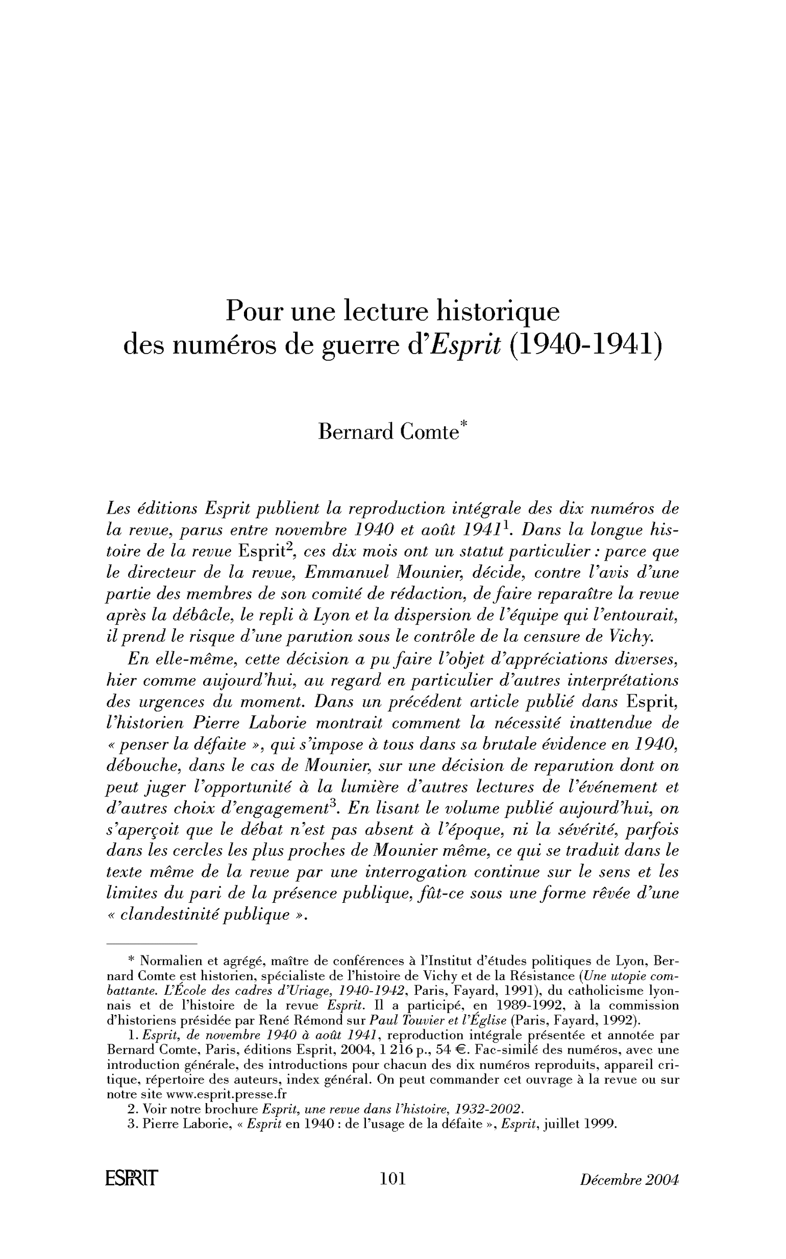Pour une lecture historique des numéros de guerre d’Esprit (1940-1941)