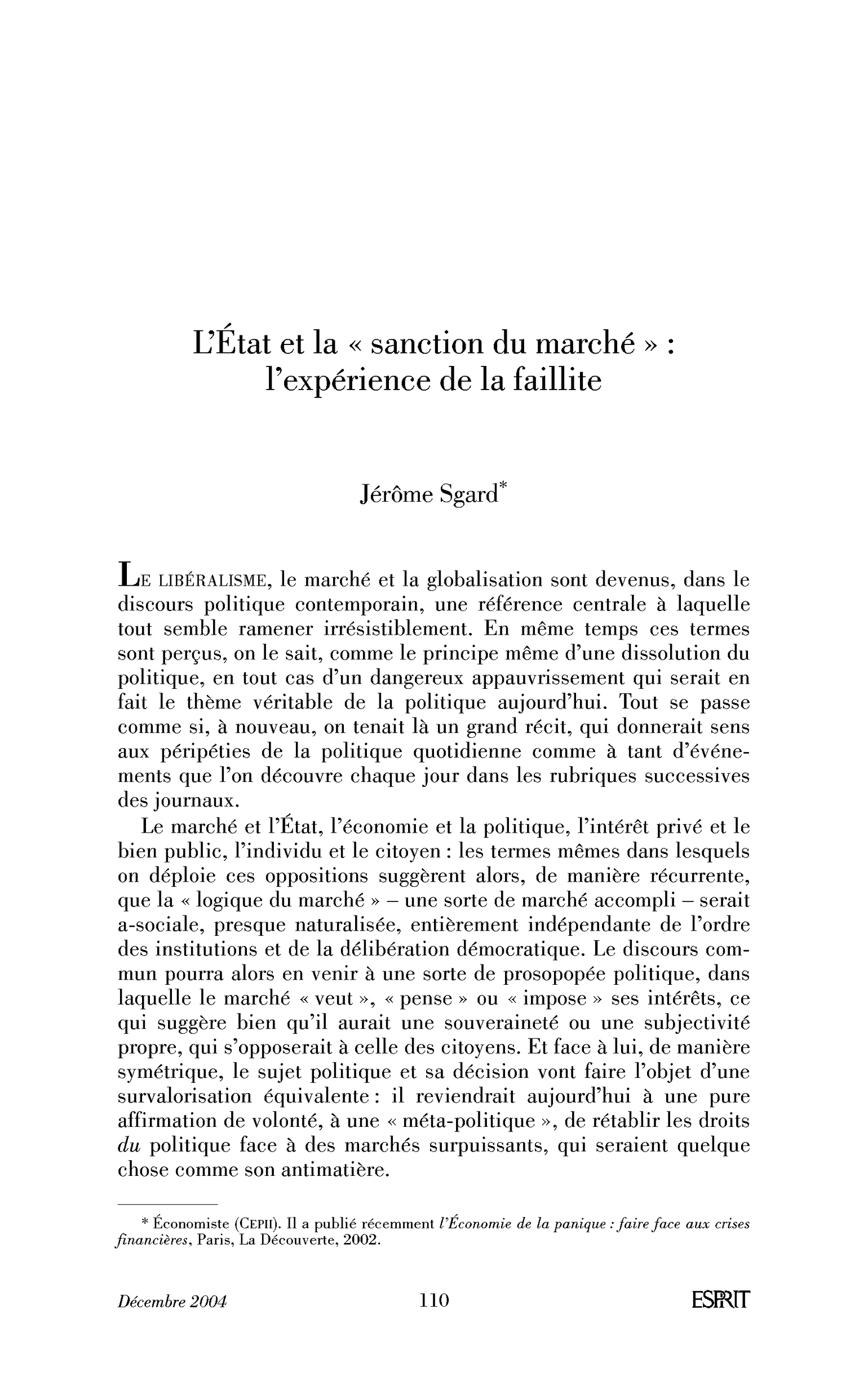 L’État et la « sanction du marché »: l’expérience de la faillite