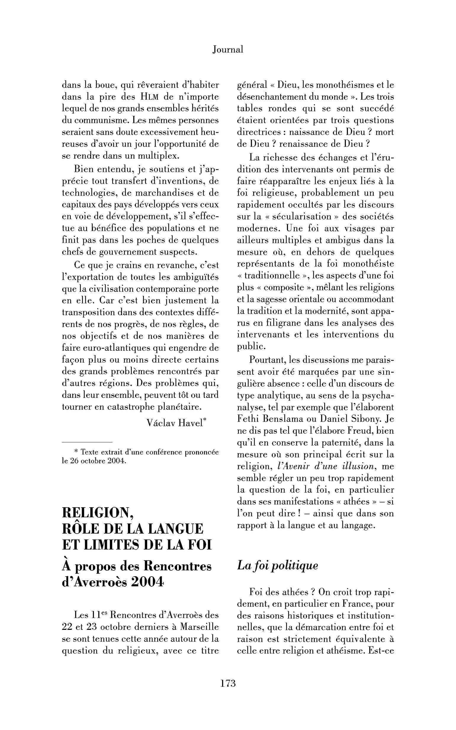 Religion, rôle de la langue et limites de la foi. À propos des Rencontres d’Averroès