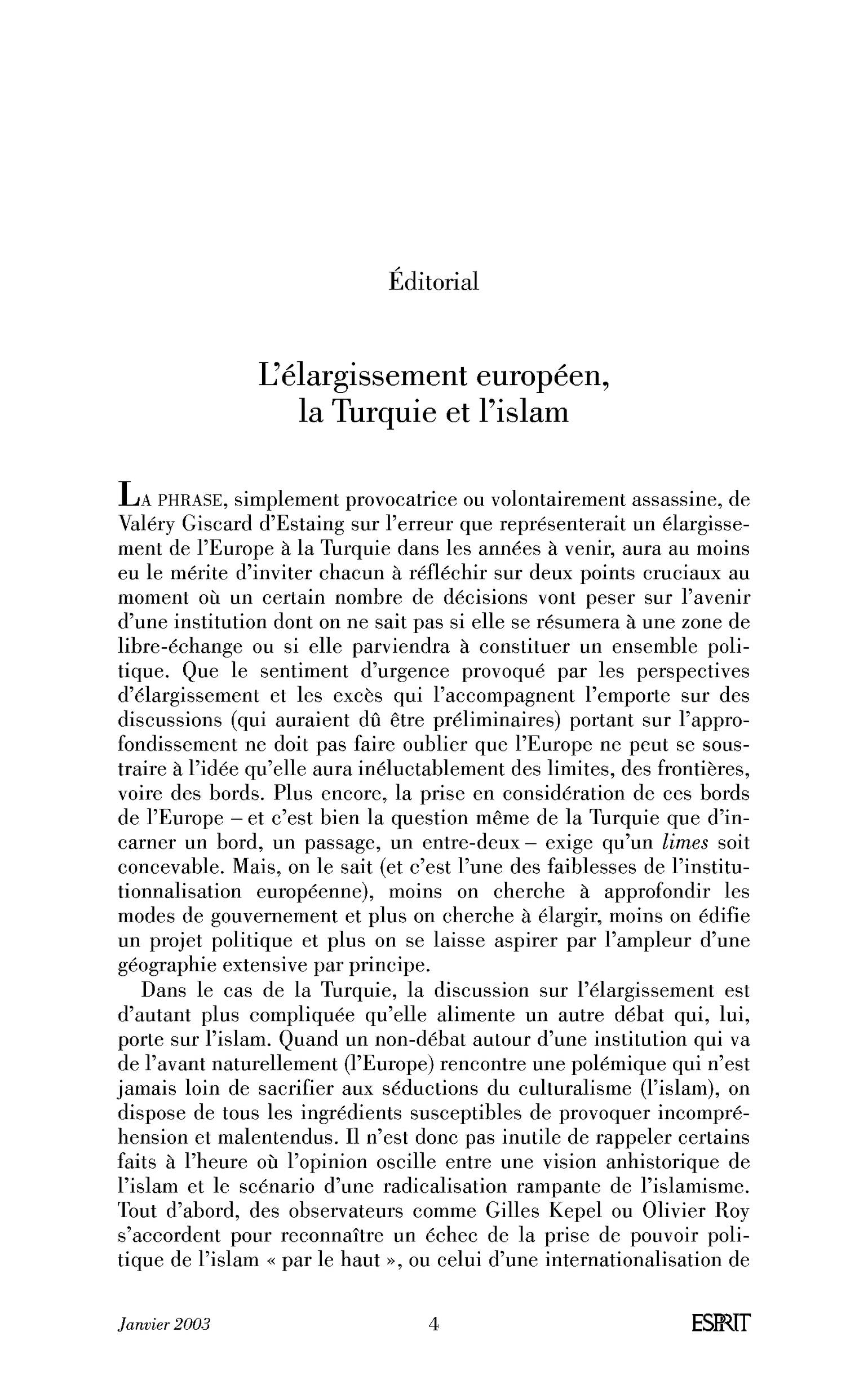 L’élargissement européen, la Turquie et l’islam