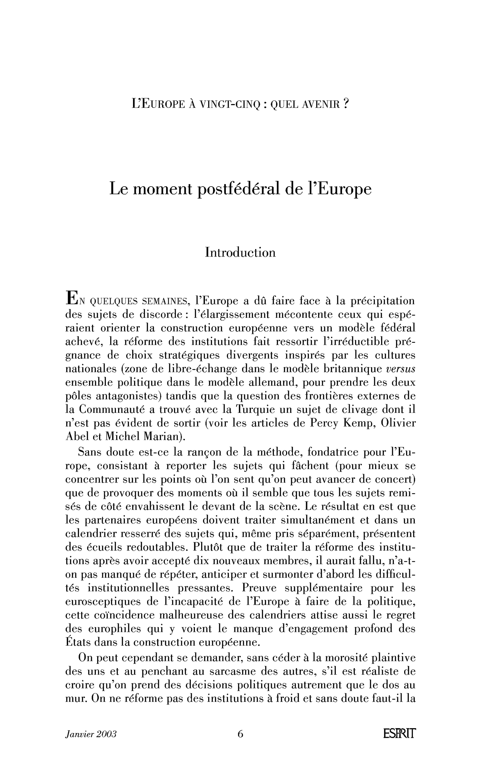 Le moment postfédéral de l’Europe. Introduction