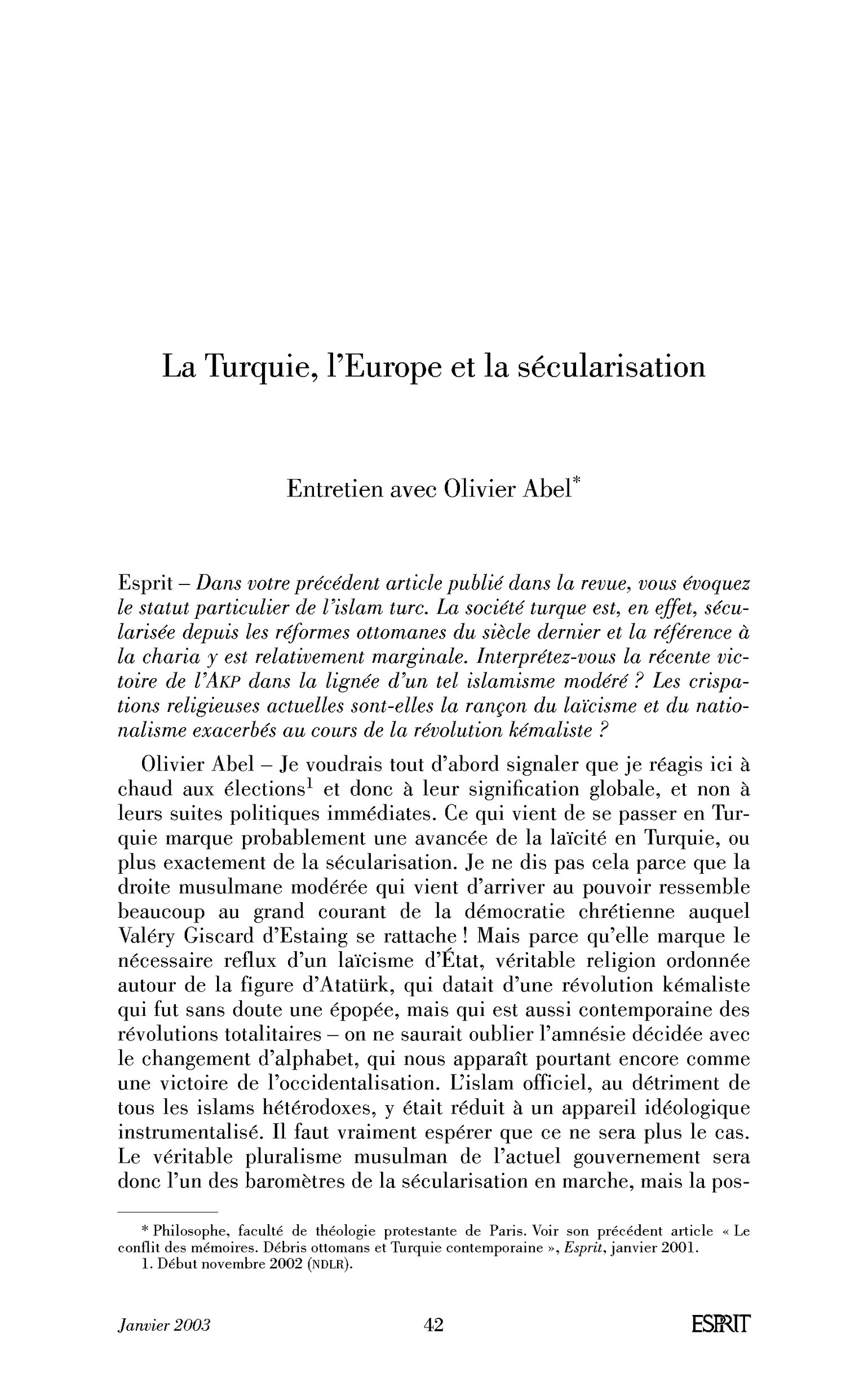 La Turquie, l’Europe et la sécularisation. (Entretien)