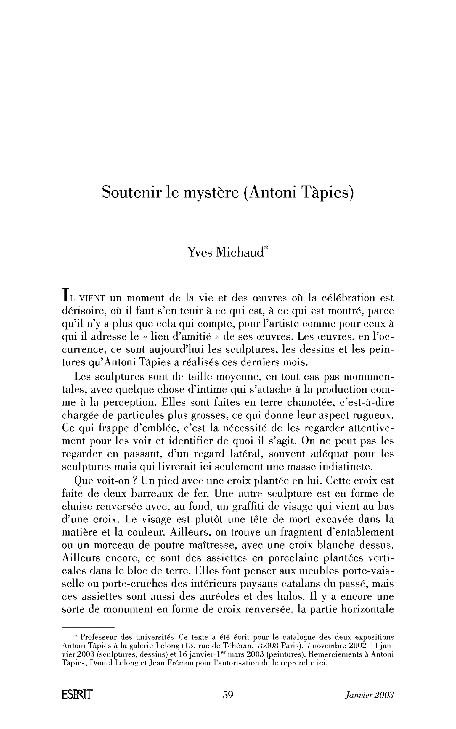 Soutenir le mystère (Antoni Tàpies)