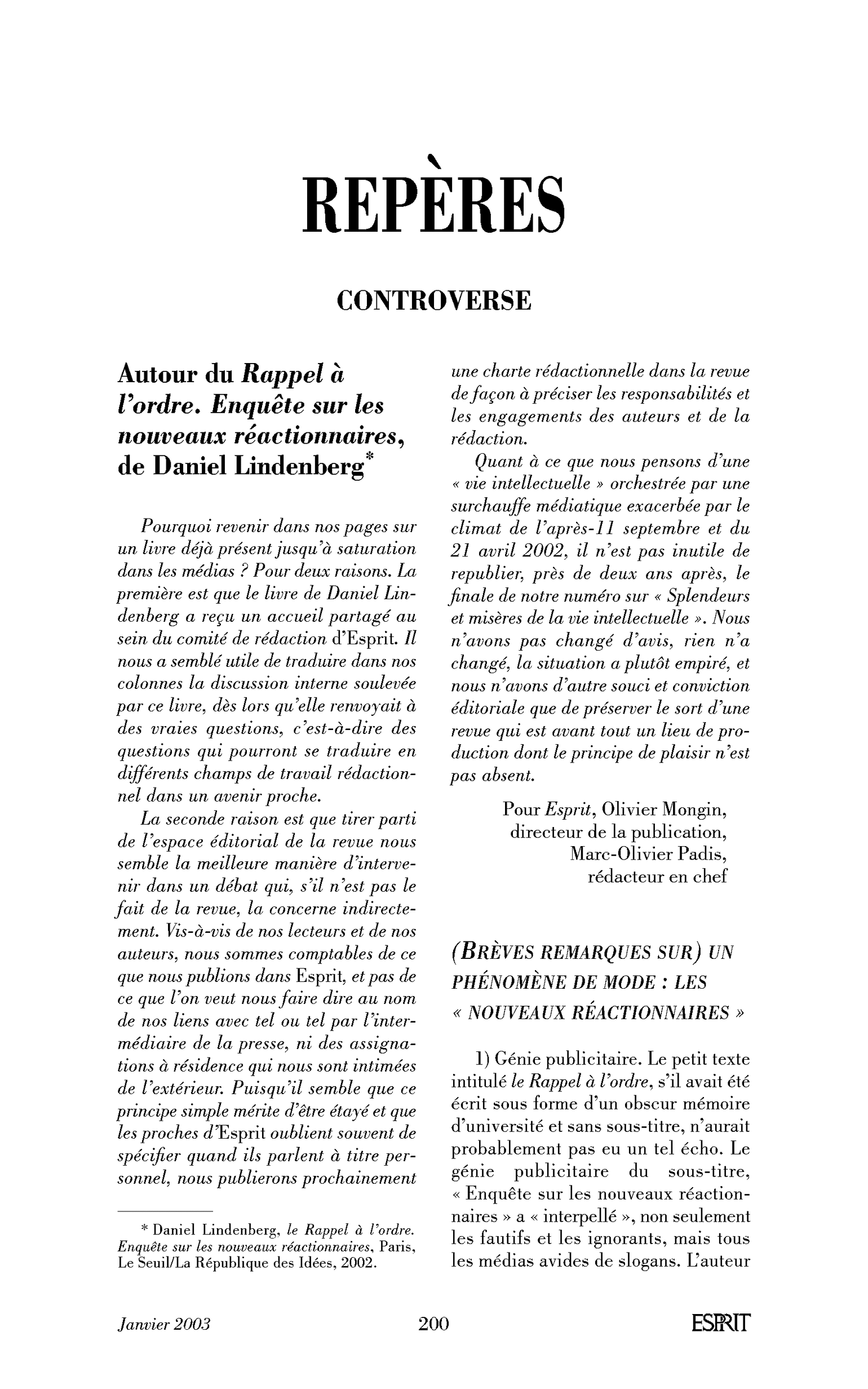 Autour du « Rappel à l’ordre »