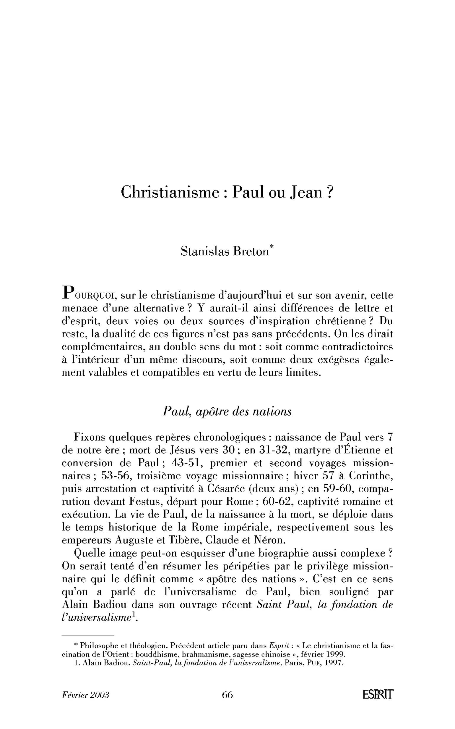 Christianisme: Paul ou Jean?