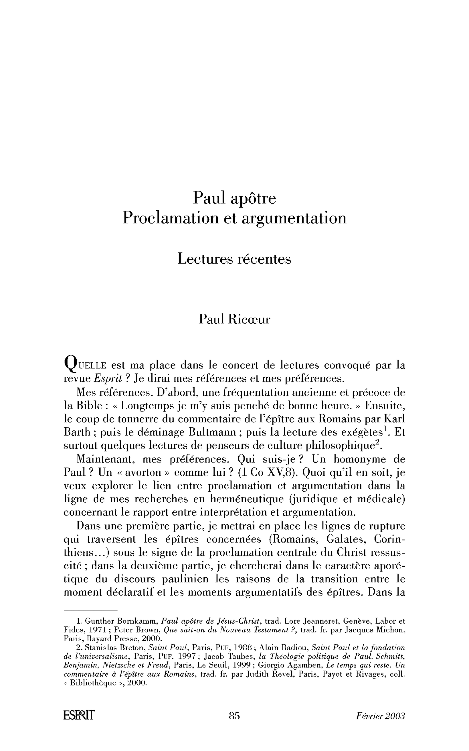 Paul apôtre. Proclamation et argumentation. Lectures récentes
