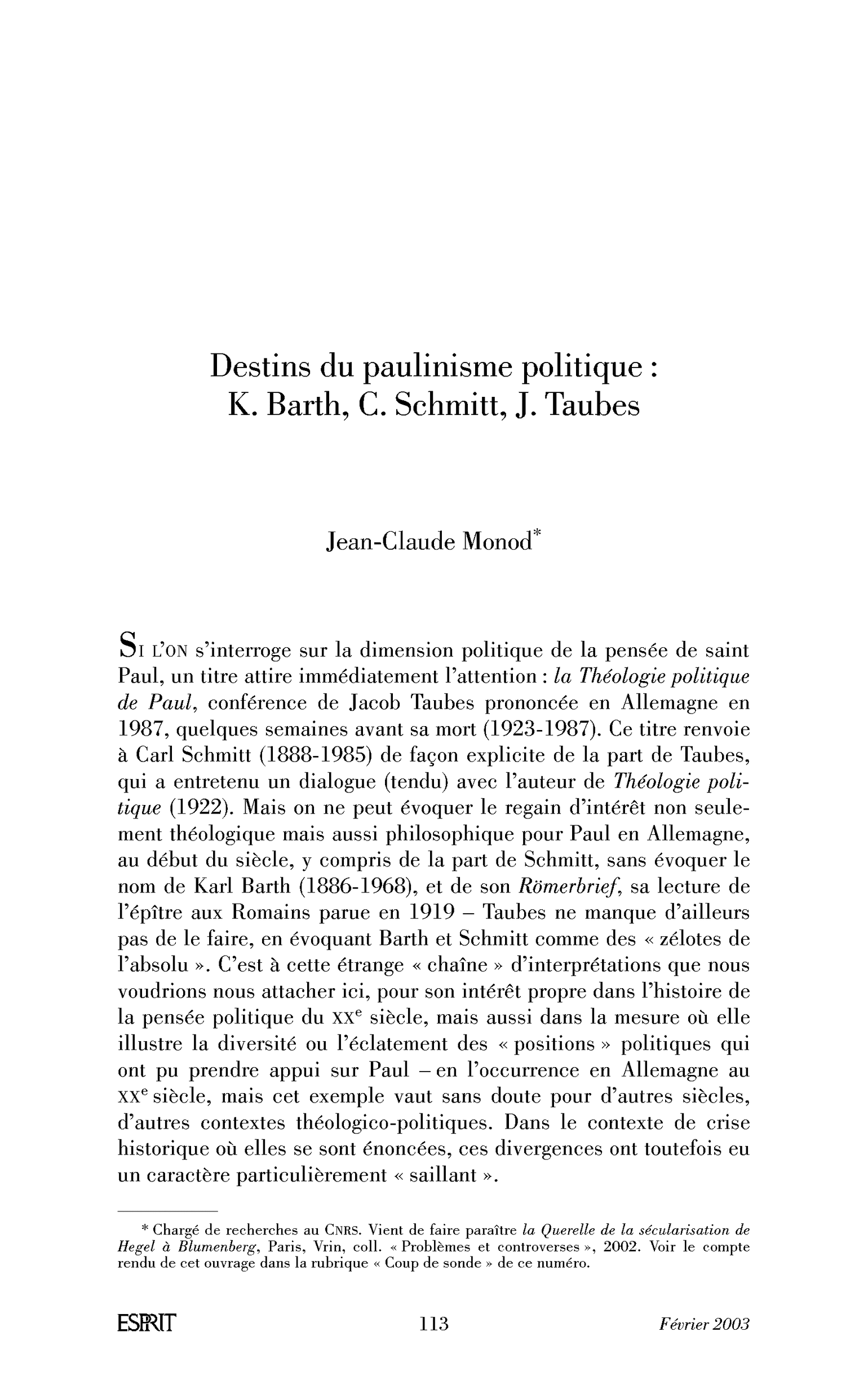 Destins du paulinisme politique: K. Barth, C. Schmitt, J. Taubes