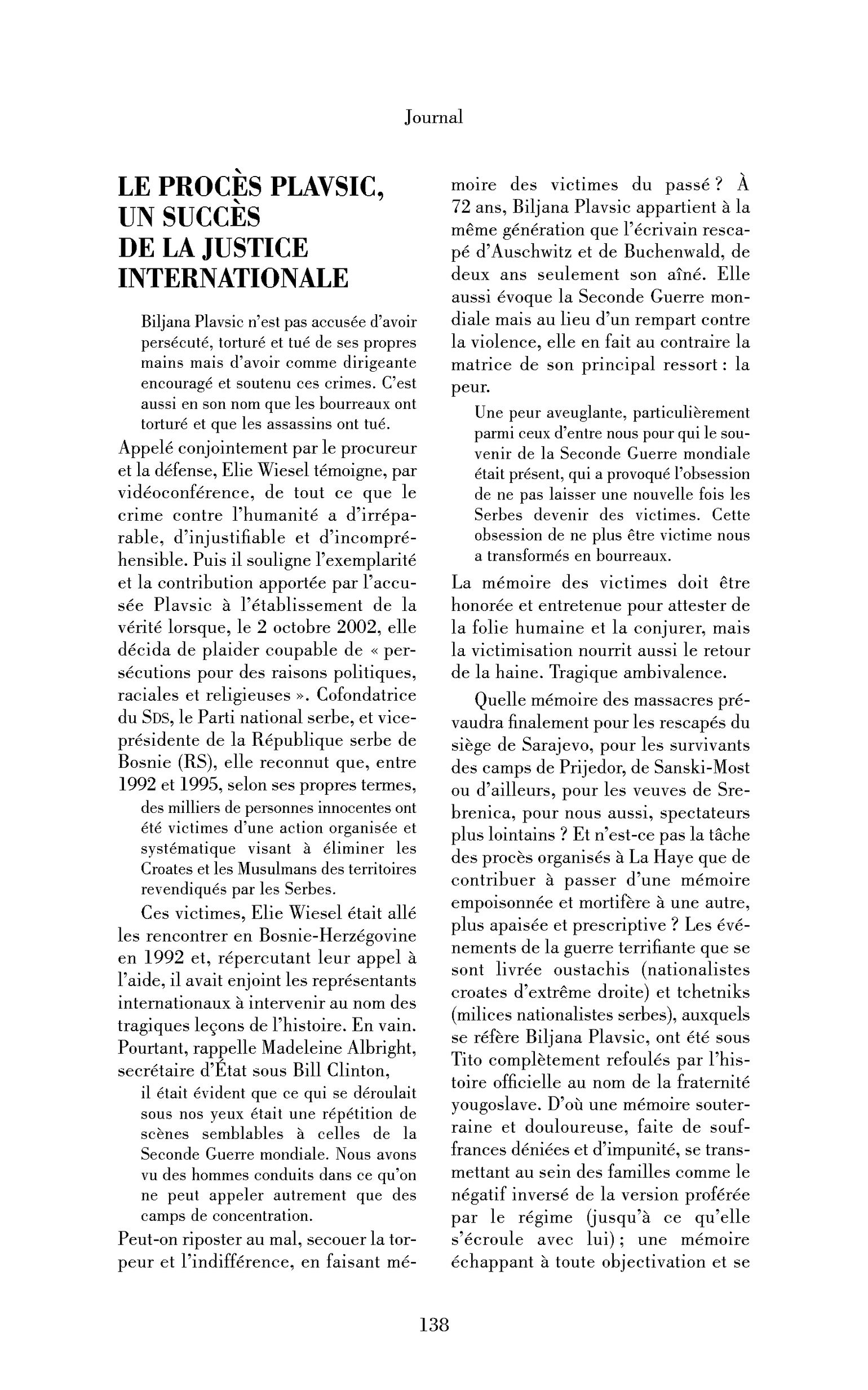 Le procès Plavsic, un succès de la justice internationale