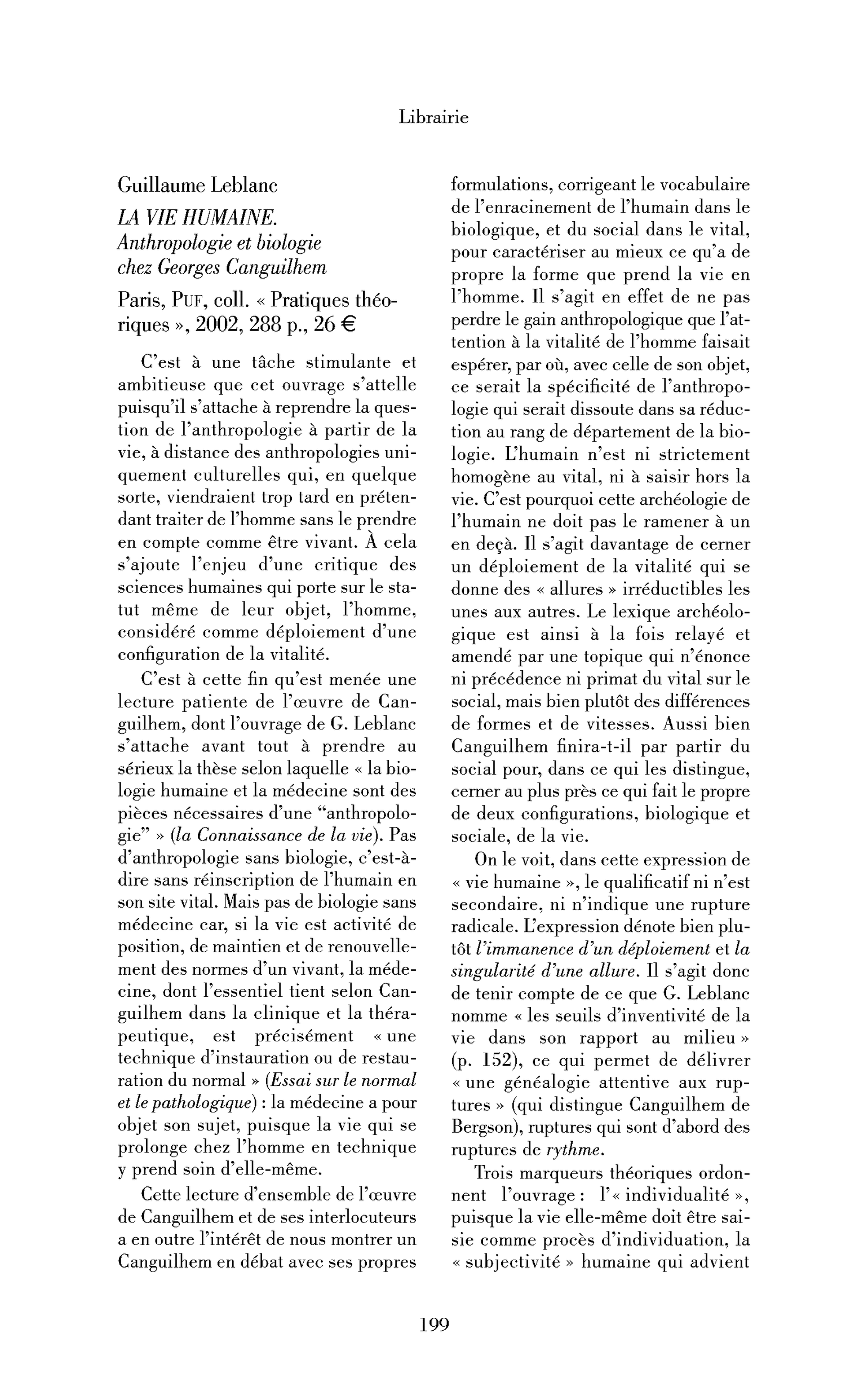 Guillaume Leblanc: la Vie humaine. Anthropologie et biologie chez Georges Canguilhem
