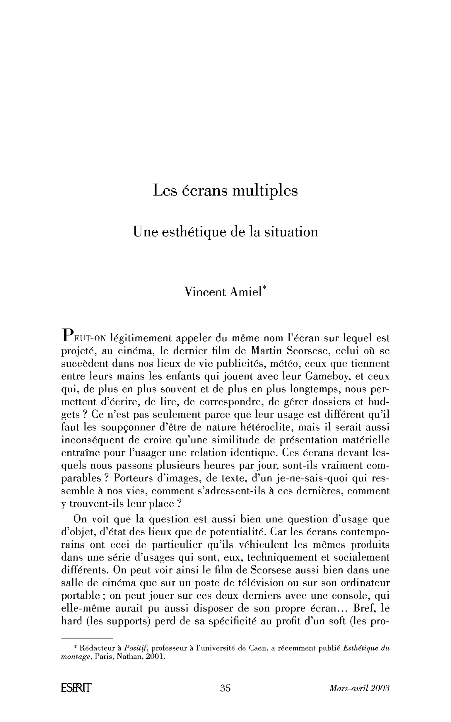 Les écrans multiples. Une esthétique de la situation