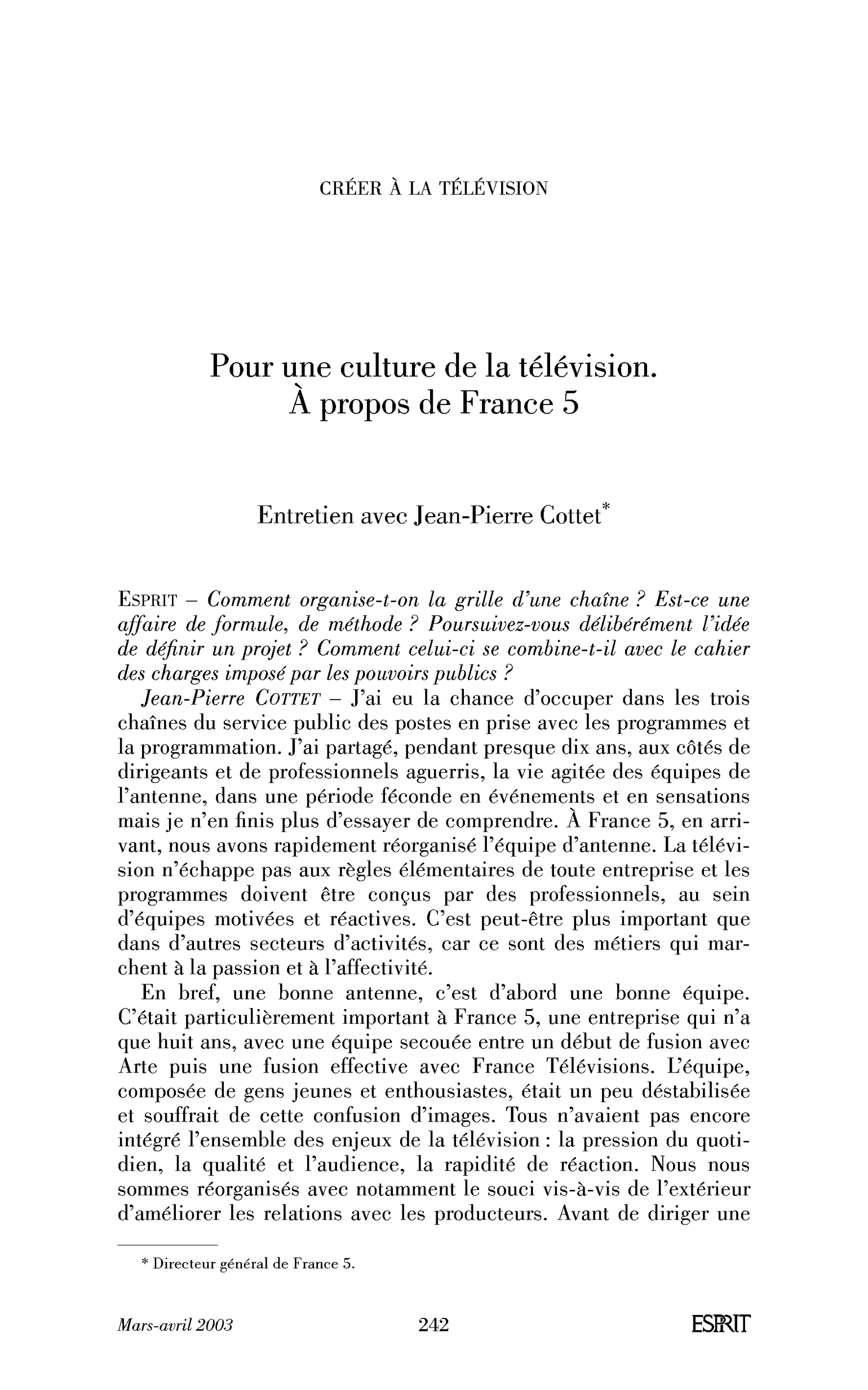 Pour une culture de la télévision. À propos de France5. (Entretien)